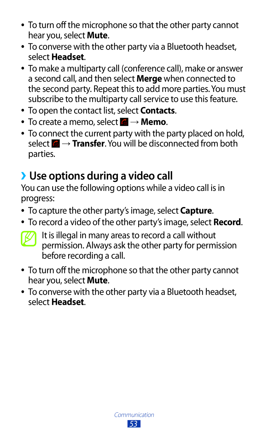 Samsung GTP5100TSATTT user manual ››Use options during a video call 