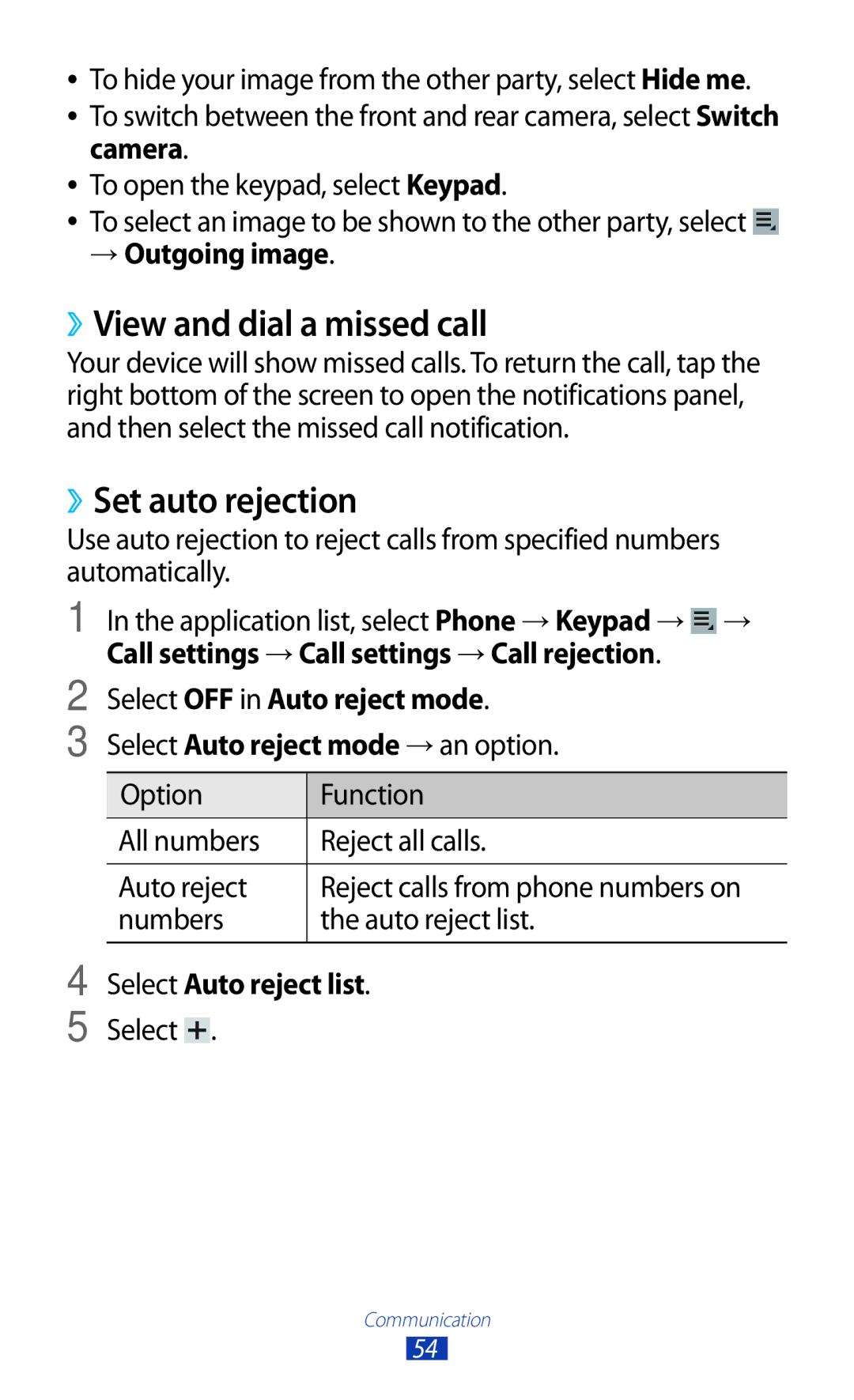 Samsung GTP5100TSATTT user manual ››View and dial a missed call, ››Set auto rejection 