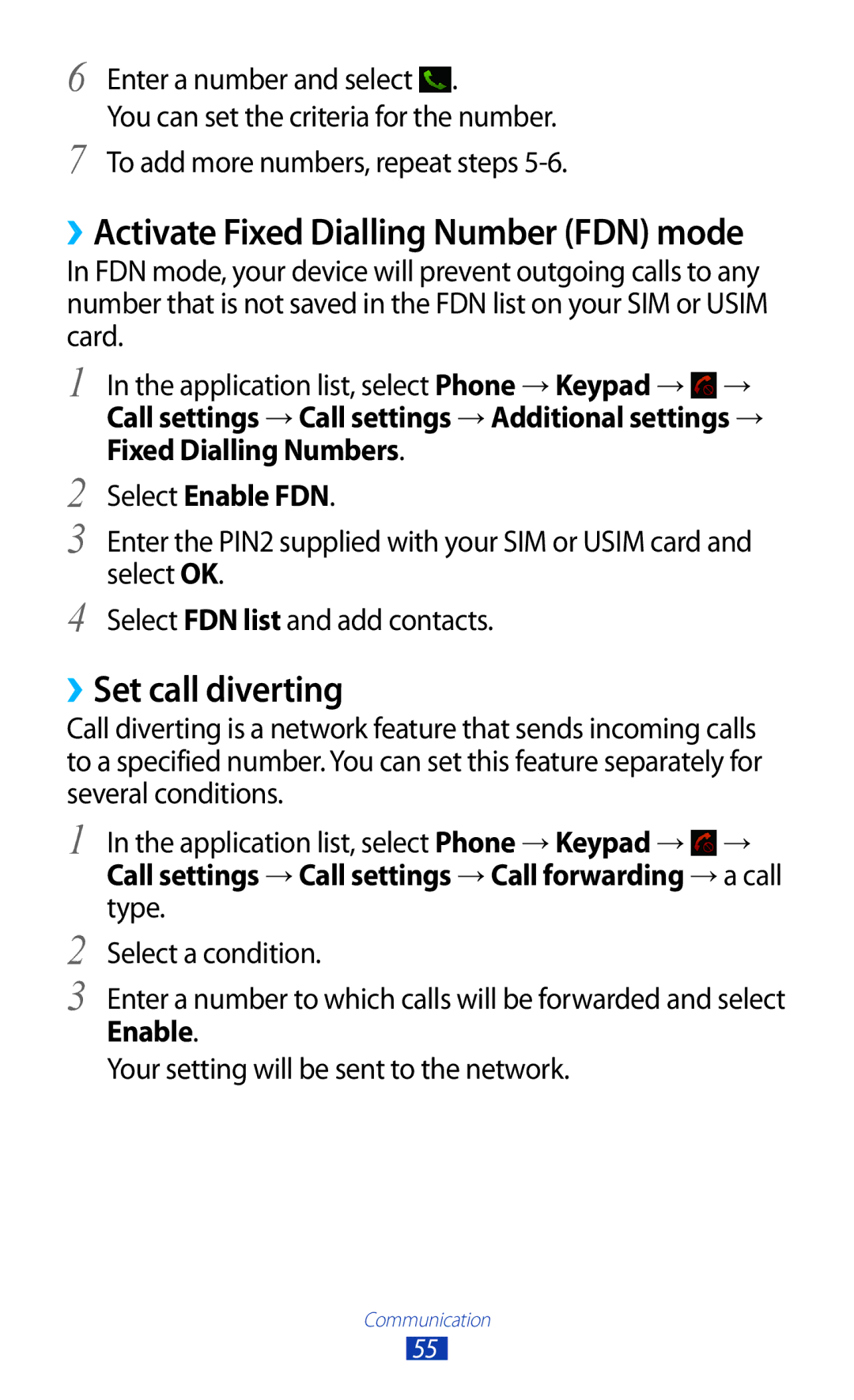 Samsung GTP5100TSATTT user manual ››Set call diverting, Select Enable FDN 