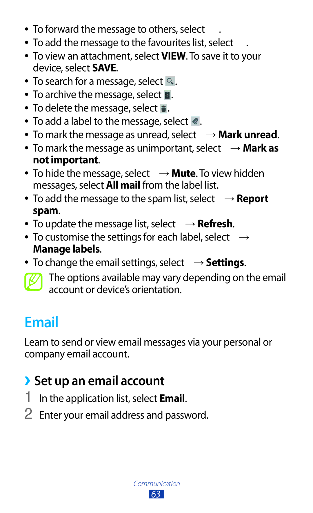 Samsung GTP5100TSATTT ››Set up an email account, Not important, → Report, Spam → Refresh, Manage labels → Settings 