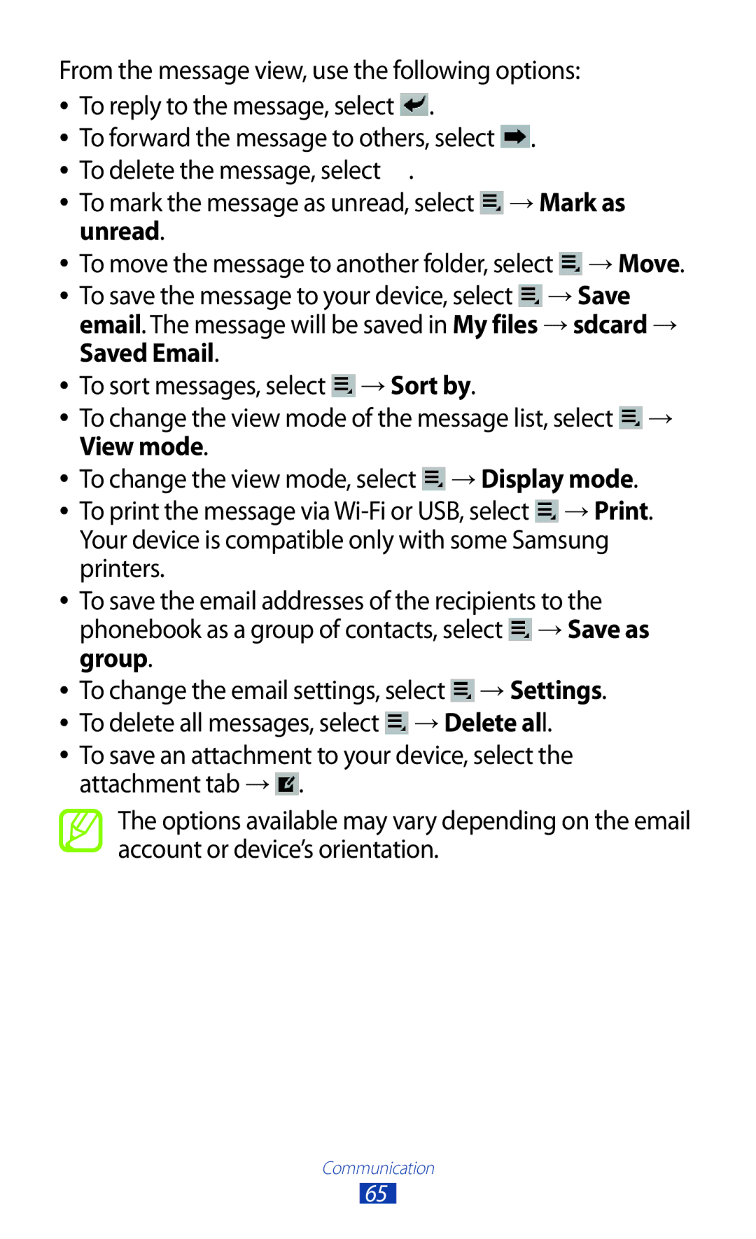 Samsung GTP5100TSATTT user manual To mark the message as unread, select → Mark as, Unread 