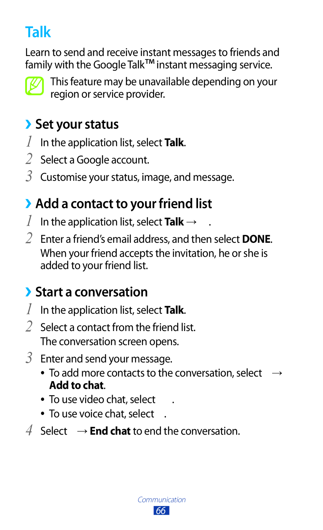 Samsung GTP5100TSATTT user manual Talk, ››Set your status, ››Add a contact to your friend list, ››Start a conversation 