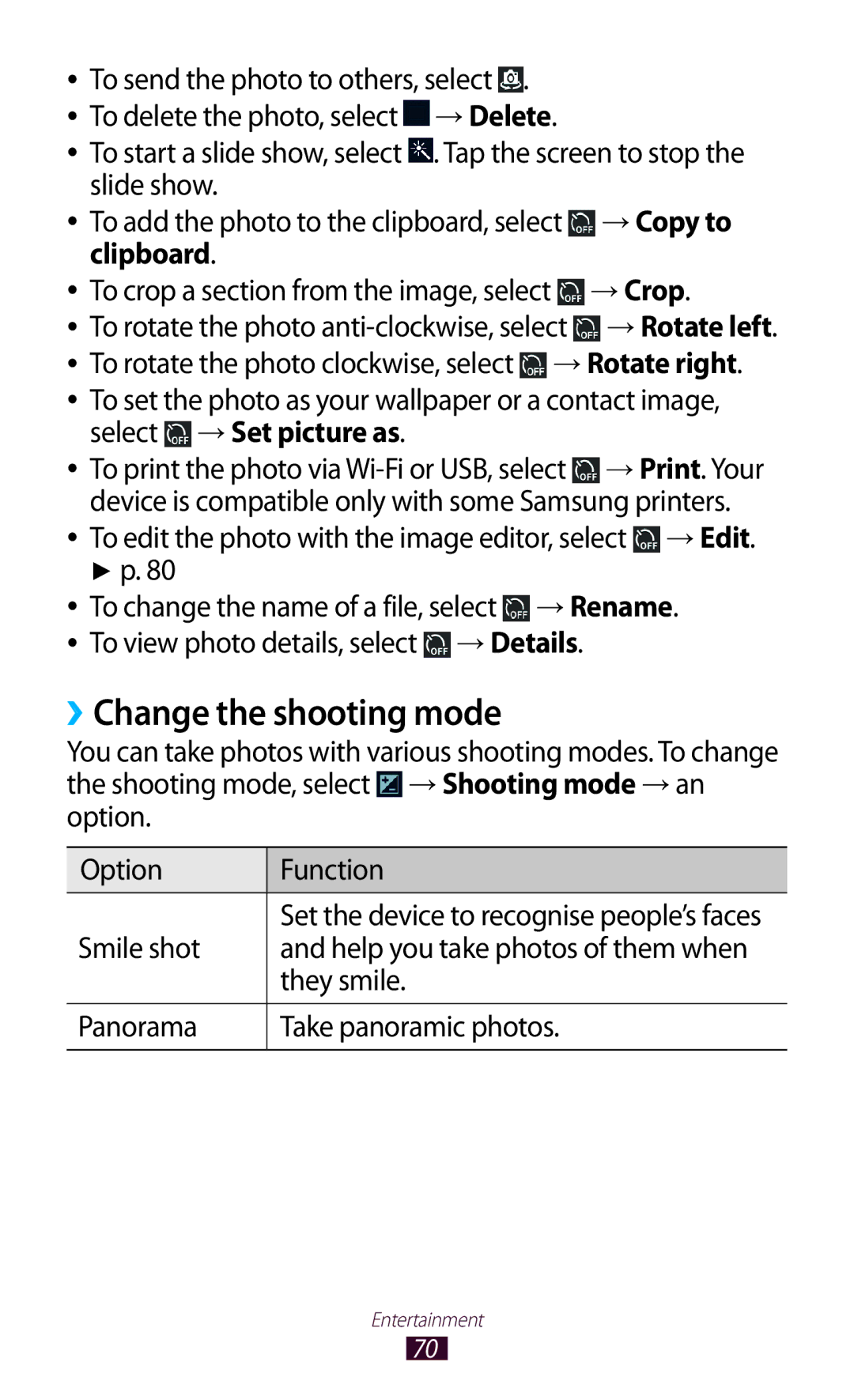 Samsung GTP5100TSATTT user manual ››Change the shooting mode, → Copy to, Clipboard → Crop, Select → Set picture as 