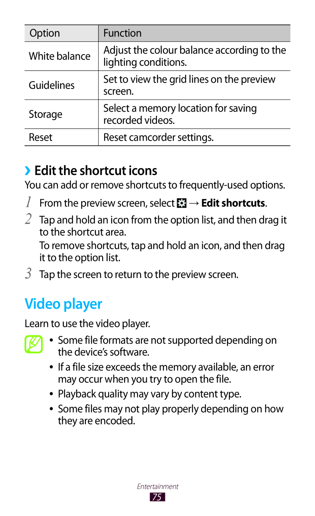 Samsung GTP5100TSATTT user manual Video player, ››Edit the shortcut icons, Option Function White balance 