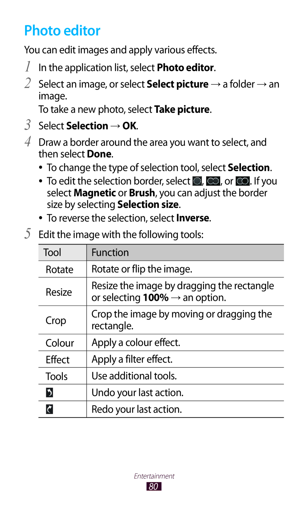 Samsung GTP5100TSATTT user manual Photo editor, Select Selection → OK, Or selecting 100% → an option, Crop, Rectangle 