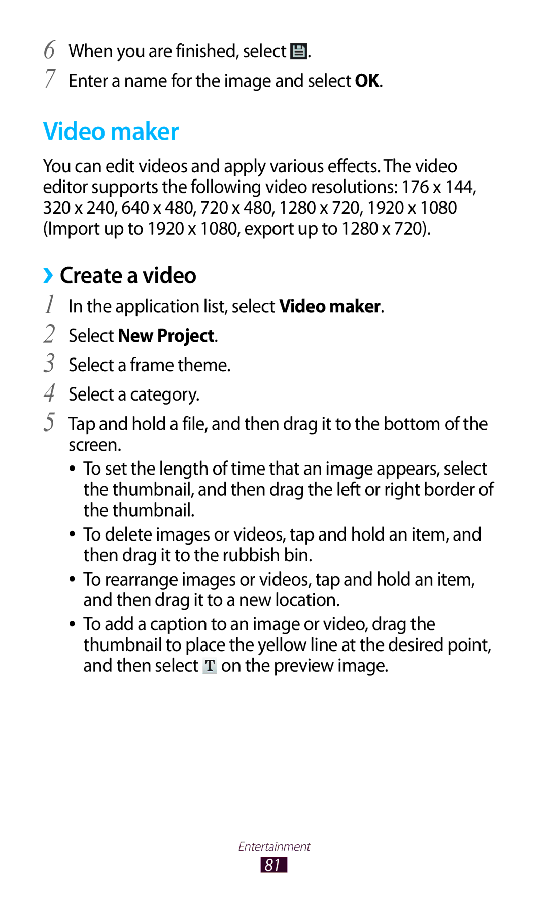 Samsung GTP5100TSATTT user manual ››Create a video, Application list, select Video maker, Select New Project 