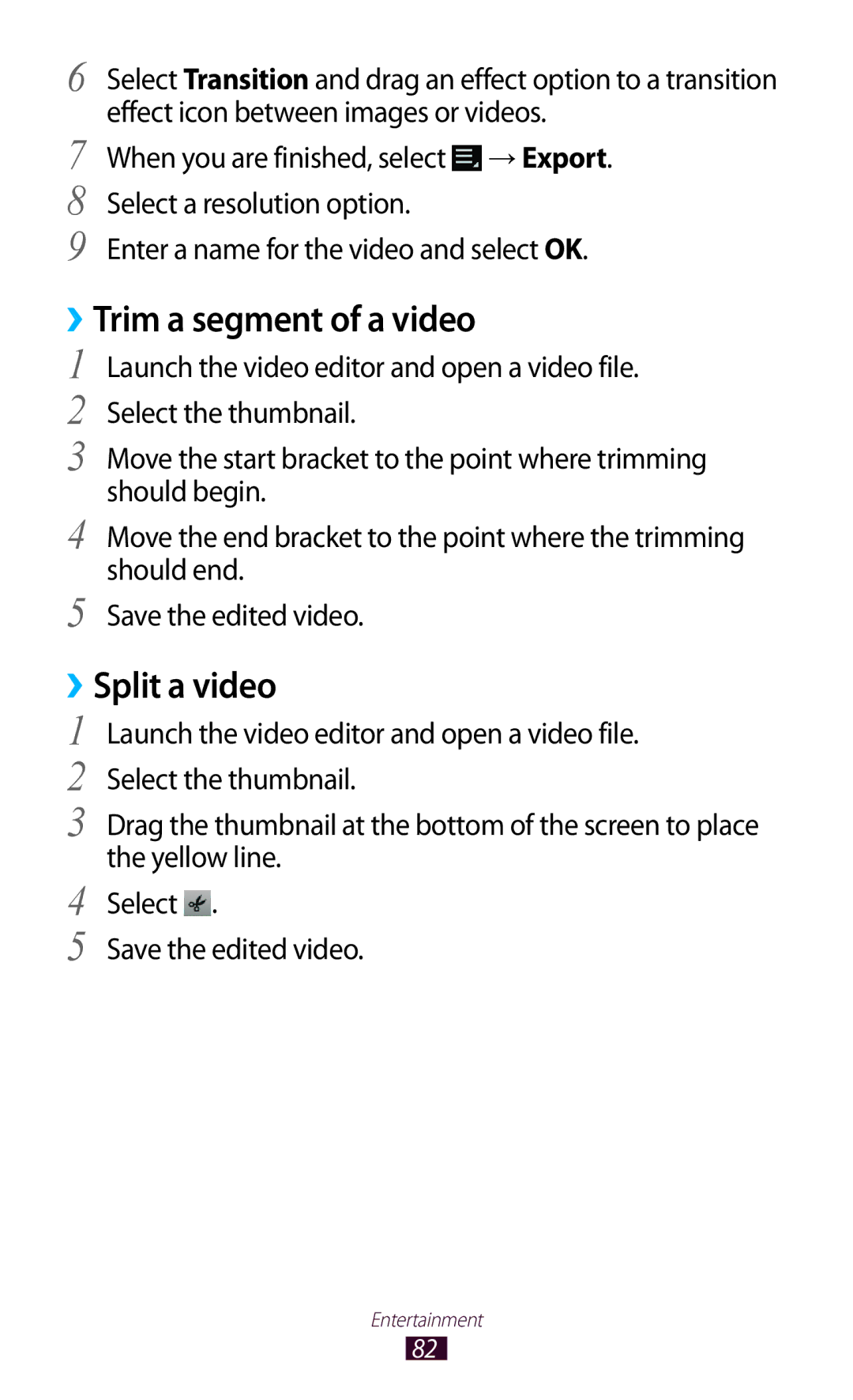 Samsung GTP5100TSATTT user manual ››Trim a segment of a video, ››Split a video 