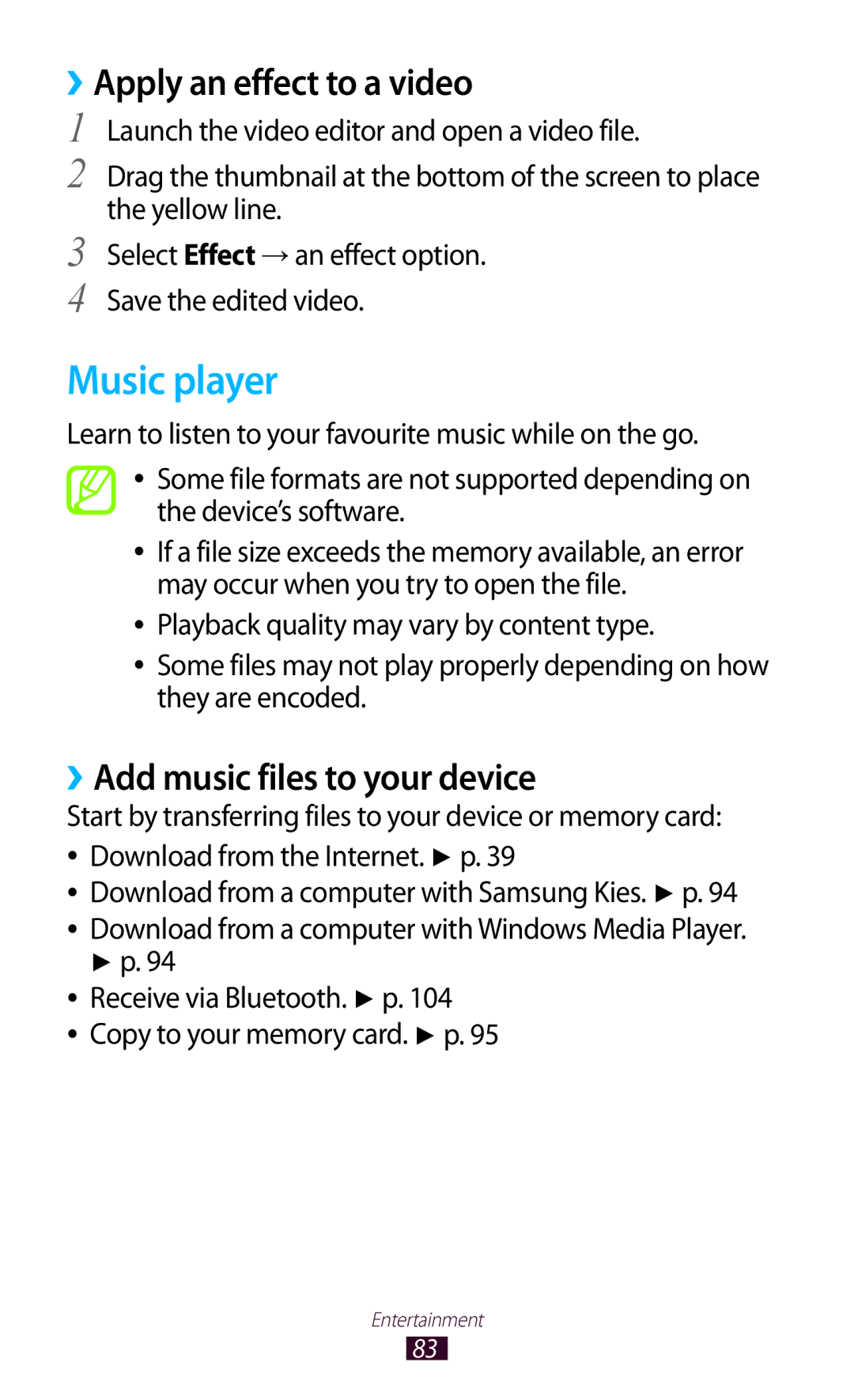 Samsung GTP5100TSATTT user manual Music player, ››Apply an effect to a video, ››Add music files to your device 