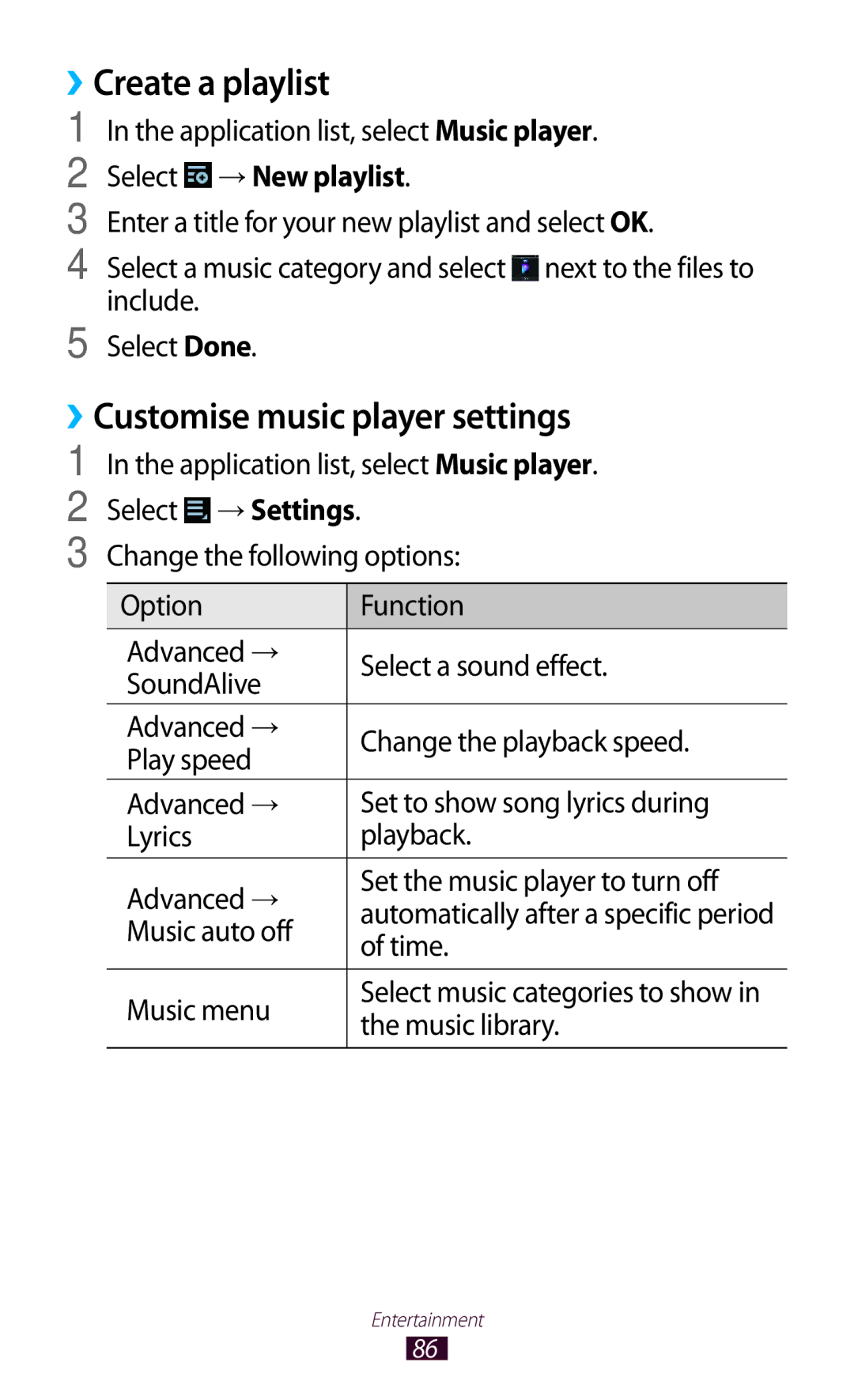 Samsung GTP5100TSATTT user manual Create a playlist, ››Customise music player settings, Select → New playlist 