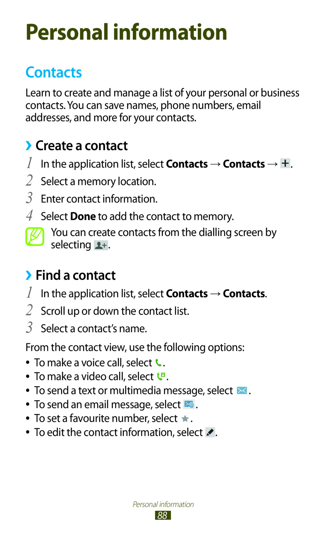 Samsung GTP5100TSATTT user manual Contacts, ››Create a contact, ››Find a contact 