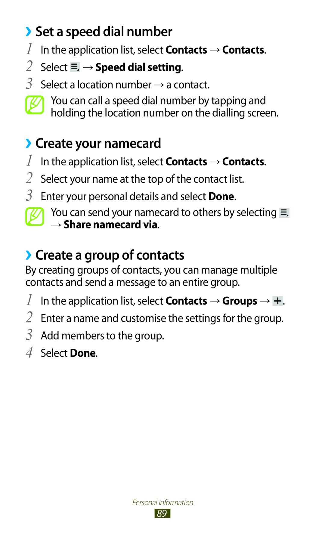 Samsung GTP5100TSATTT user manual ››Set a speed dial number, ››Create your namecard, ››Create a group of contacts 