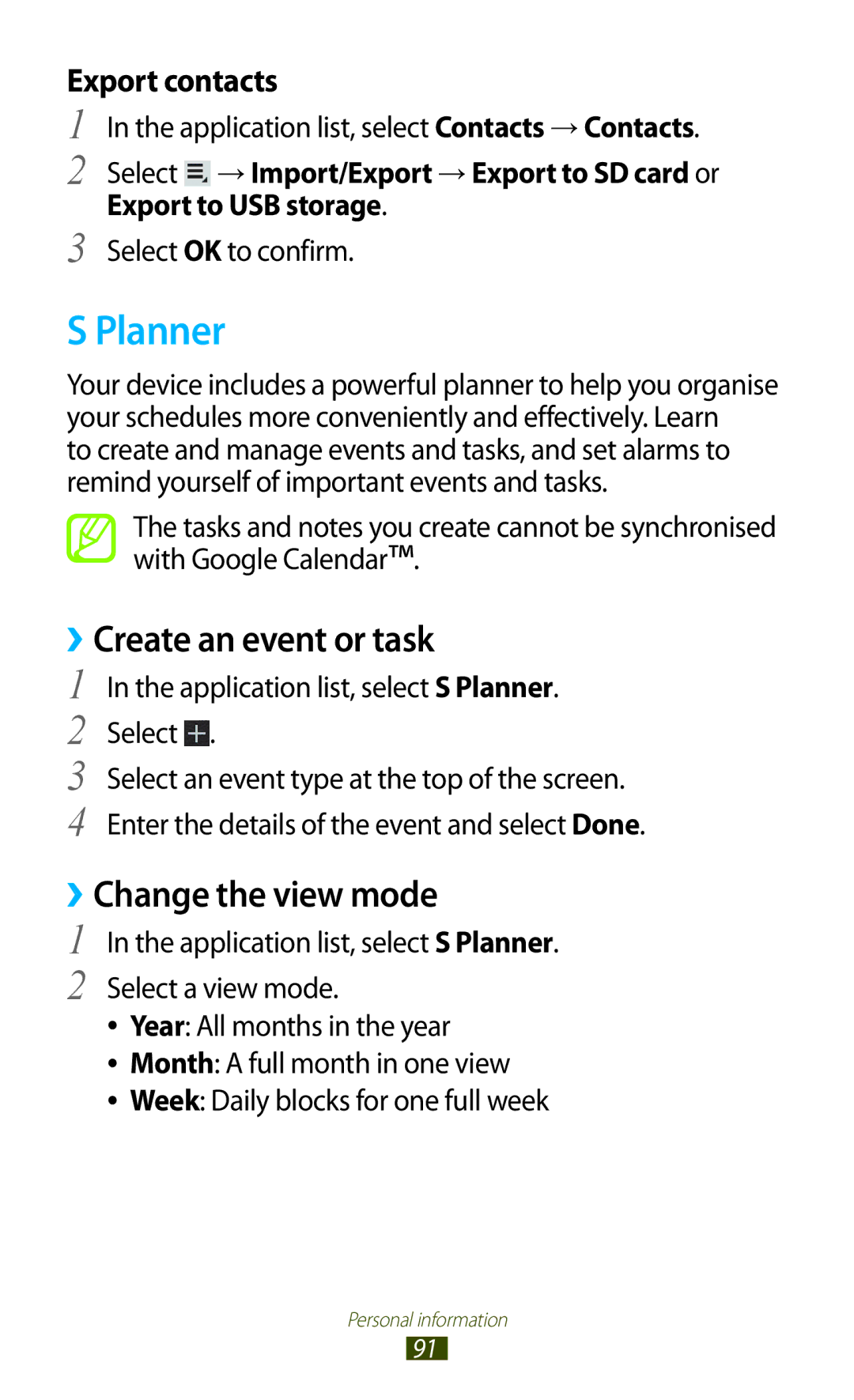 Samsung GTP5100TSATTT user manual Planner, ››Create an event or task, ››Change the view mode, Export to USB storage 