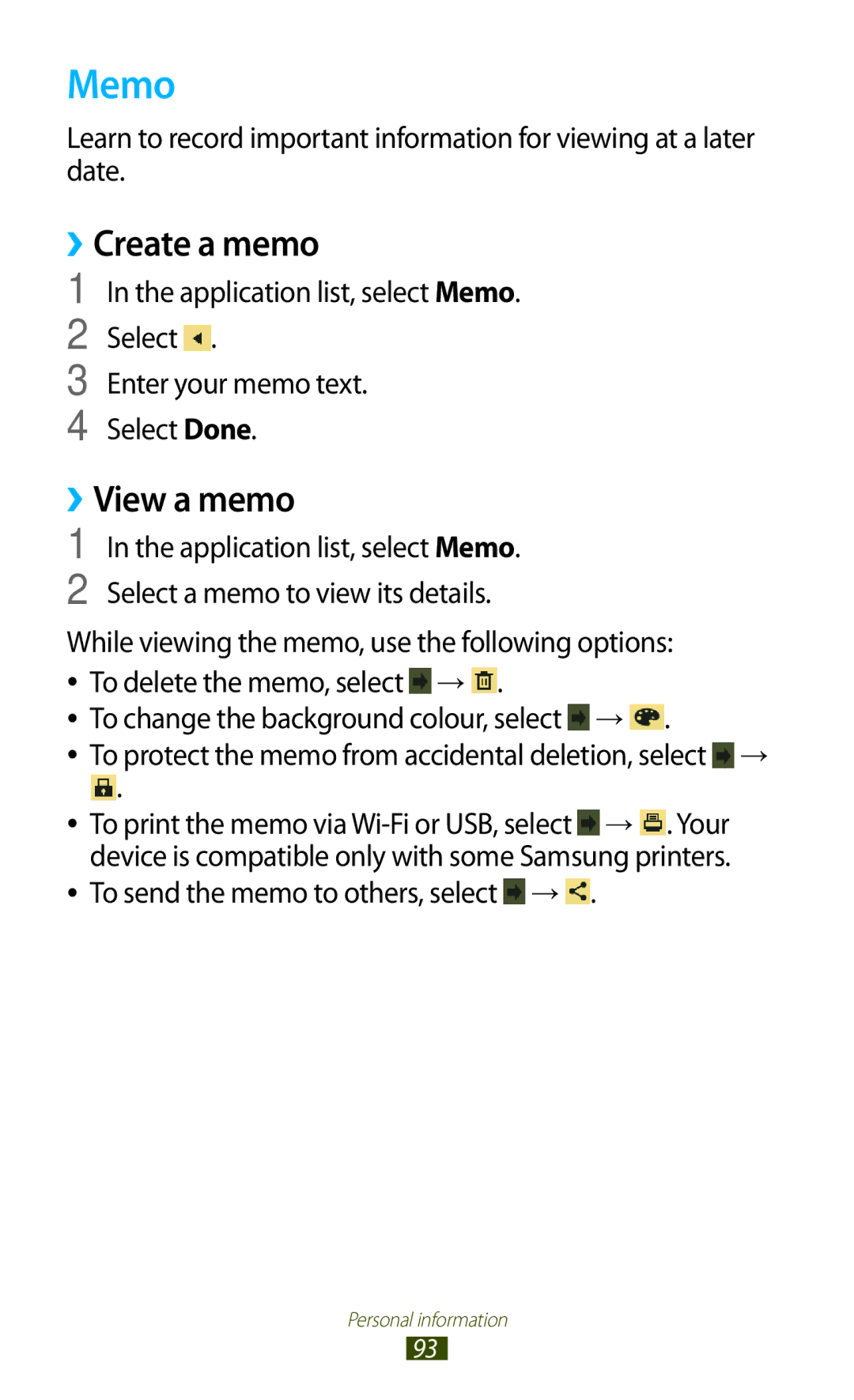 Samsung GTP5100TSATTT user manual Memo, ››Create a memo, ››View a memo, To send the memo to others, select → 