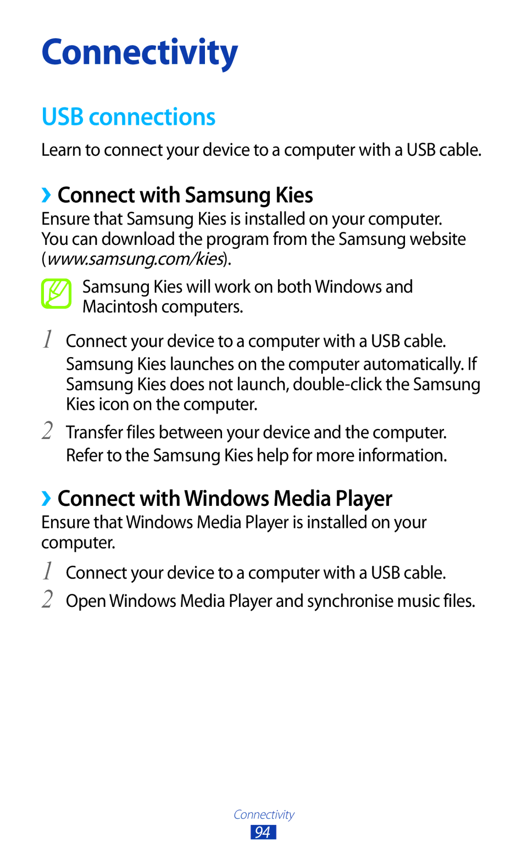 Samsung GTP5100TSATTT user manual USB connections, ››Connect with Samsung Kies, ››Connect with Windows Media Player 