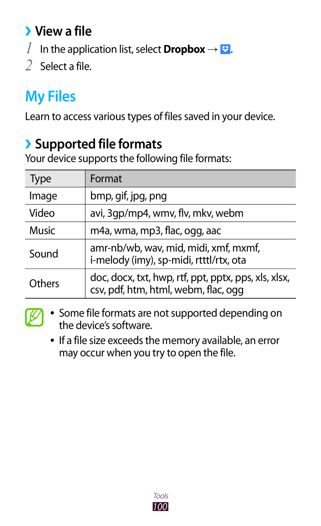 Samsung GTP5110ZWMTTT manual My Files, ››View a file, ››Supported file formats 