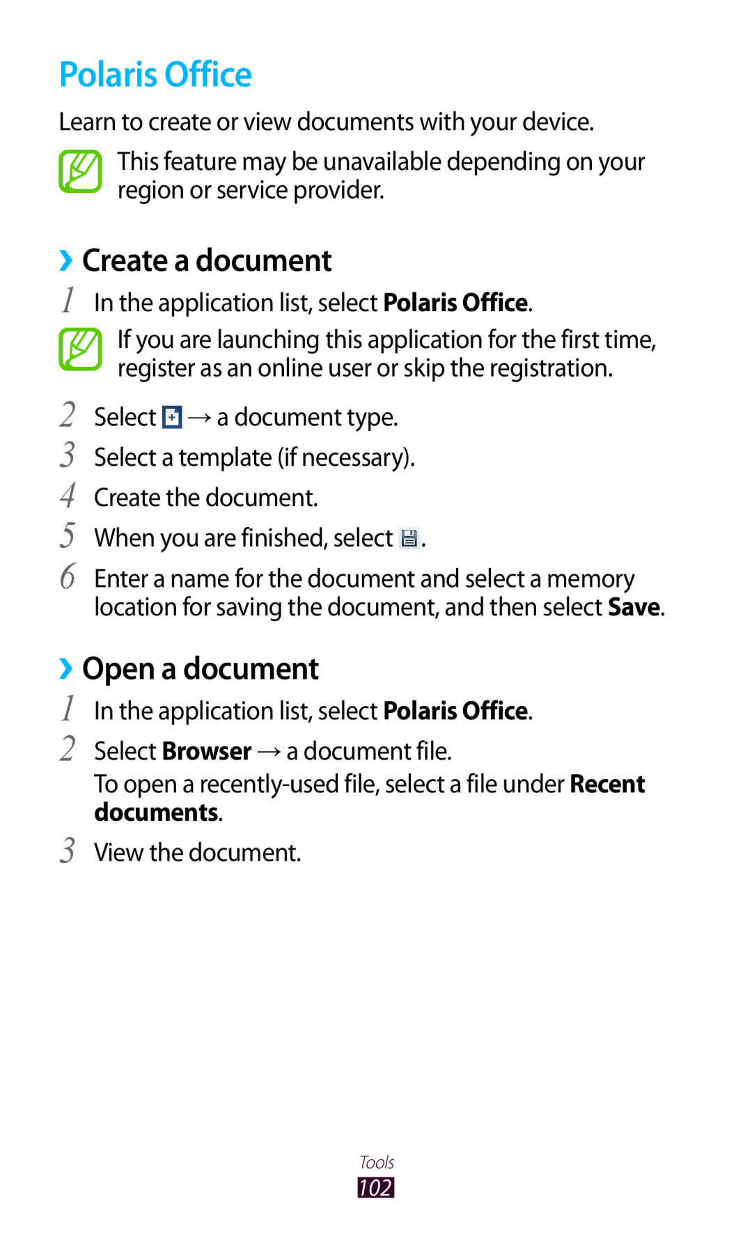 Samsung GTP5110ZWMTTT manual Polaris Office, ››Create a document, ››Open a document 