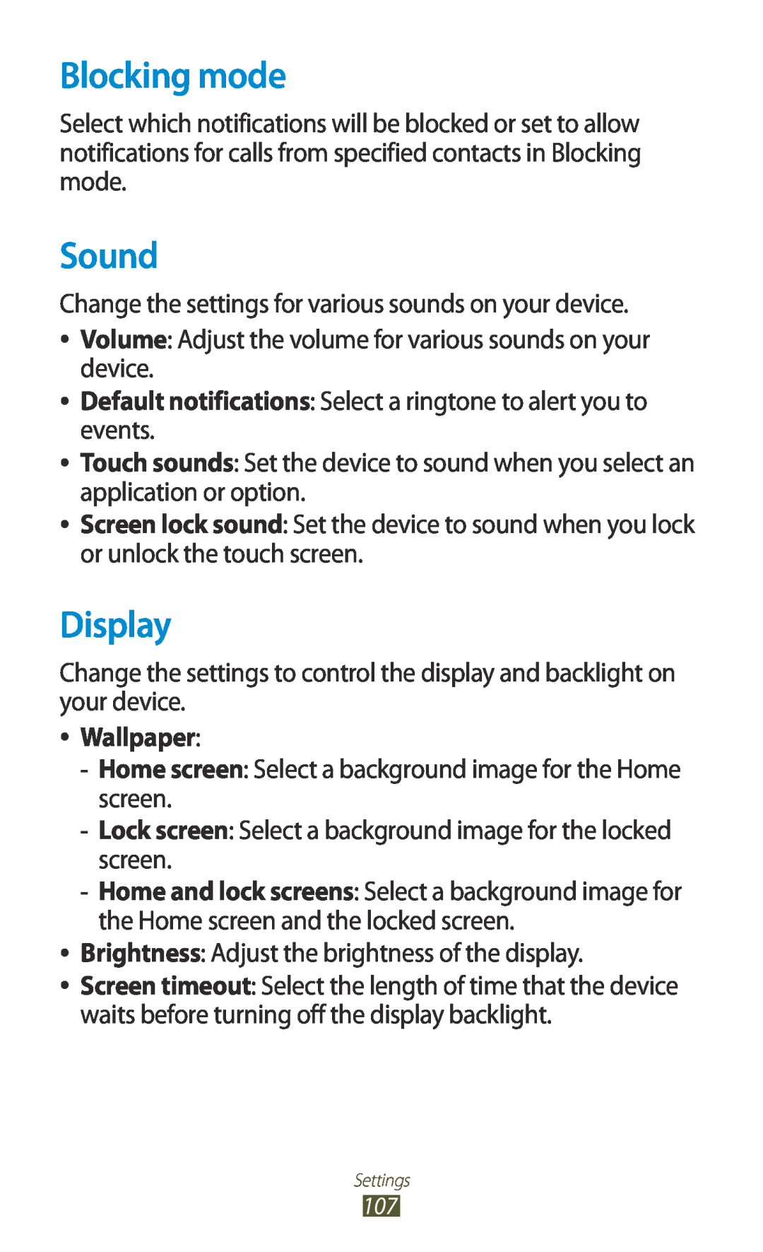 Samsung GTP5110ZWMTTT manual Blocking mode, Sound, Display, Wallpaper 