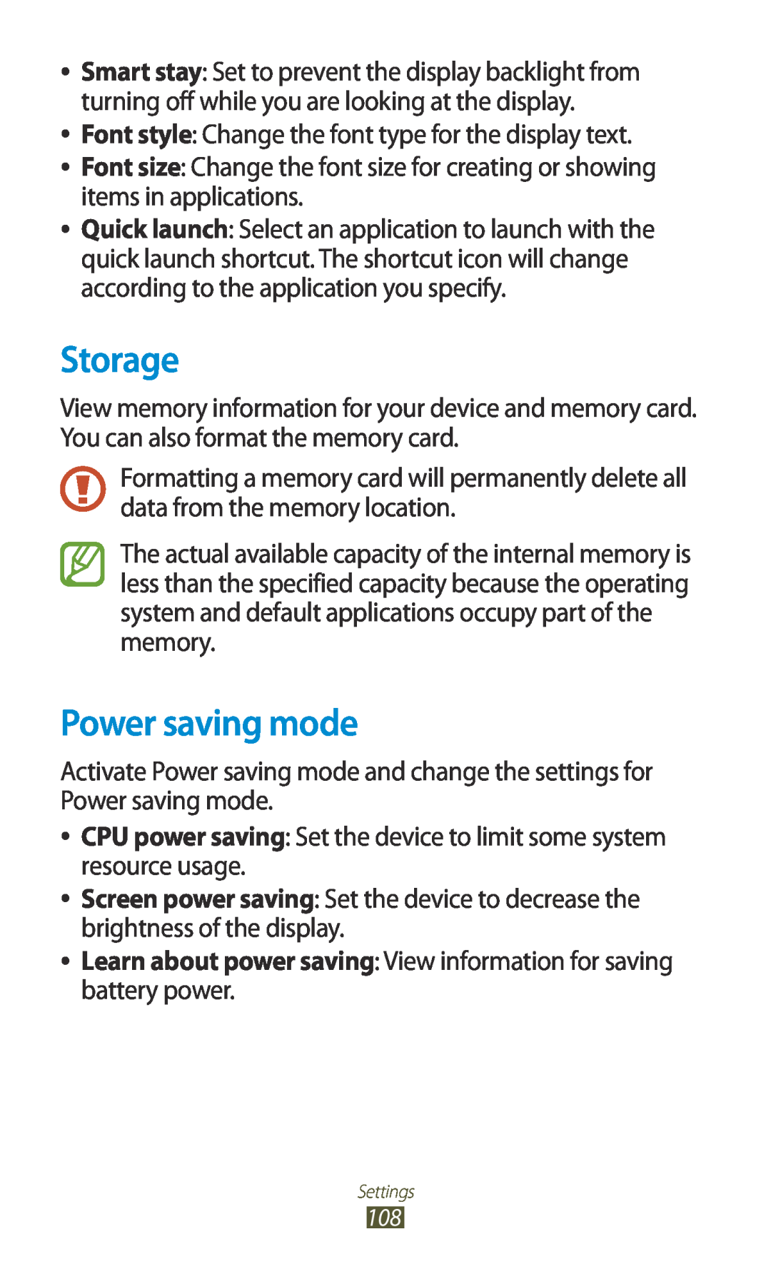 Samsung GTP5110ZWMTTT manual Storage, Power saving mode, Learn about power saving View information for saving battery power 