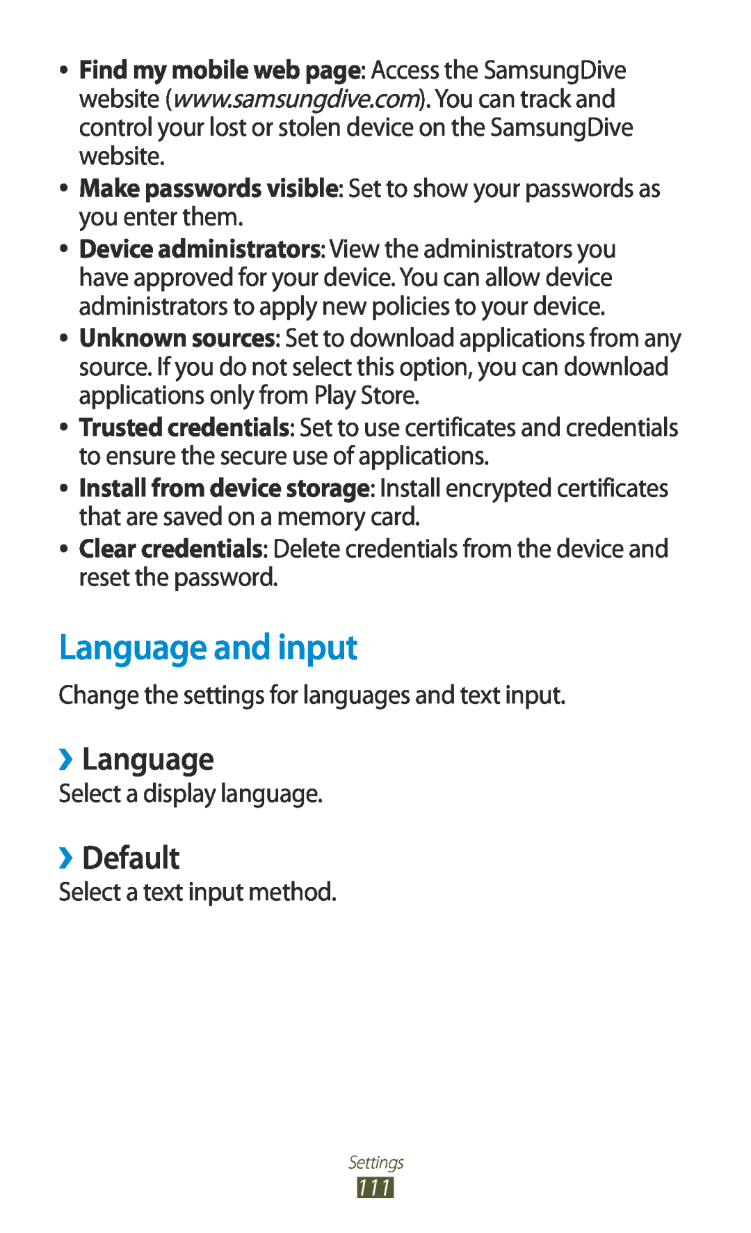 Samsung GTP5110ZWMTTT manual Language and input, ››Language, ››Default 