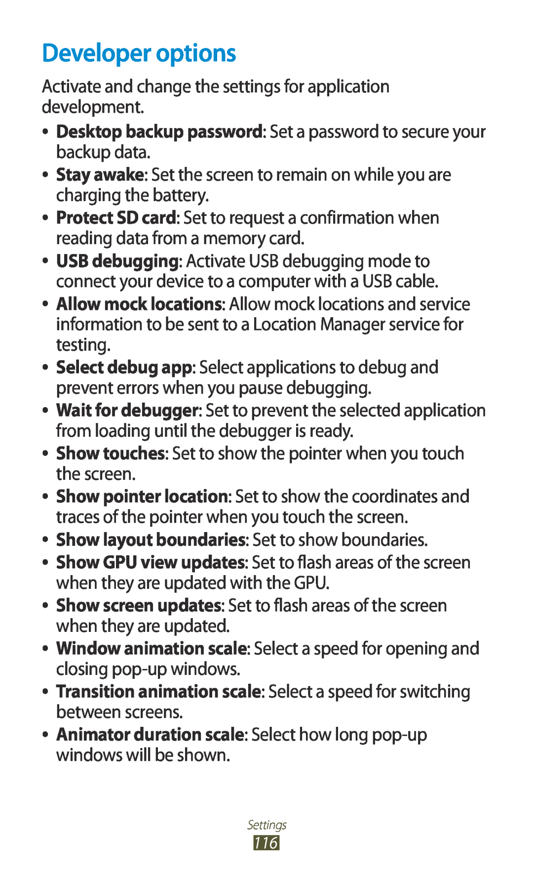 Samsung GTP5110ZWMTTT manual Developer options, Desktop backup password Set a password to secure your backup data 