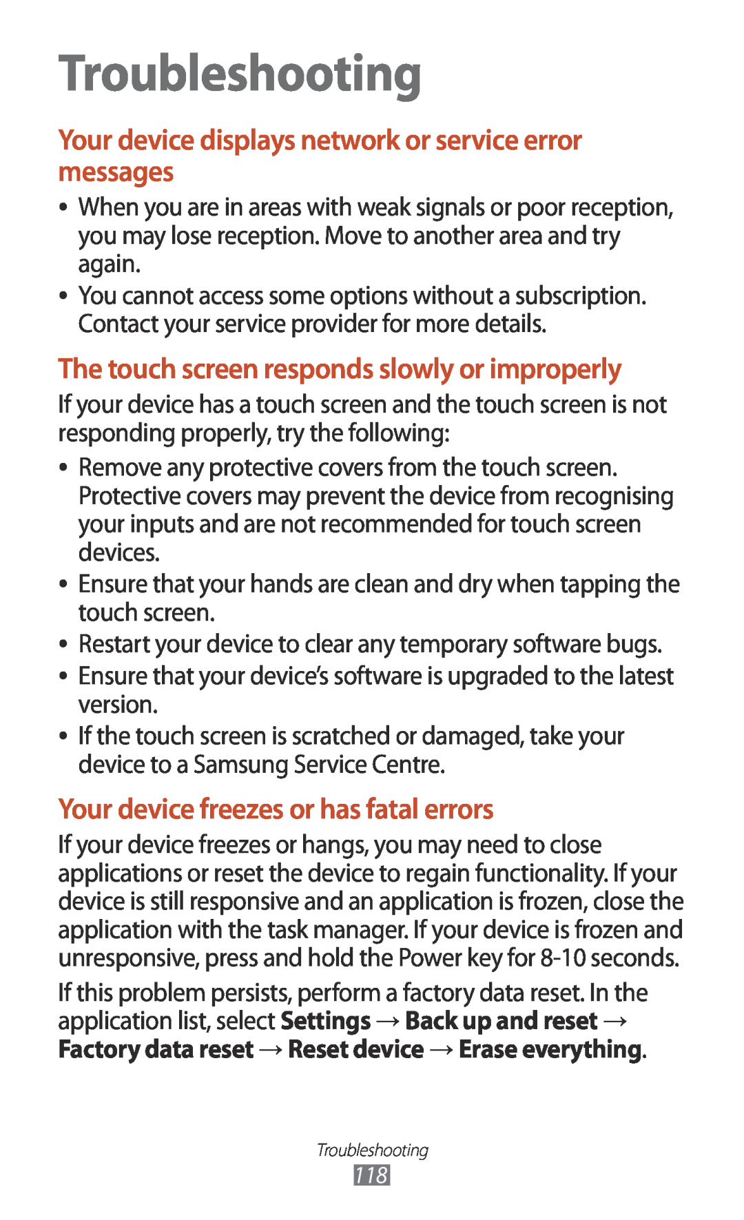Samsung GTP5110ZWMTTT manual Troubleshooting, Your device displays network or service error messages 