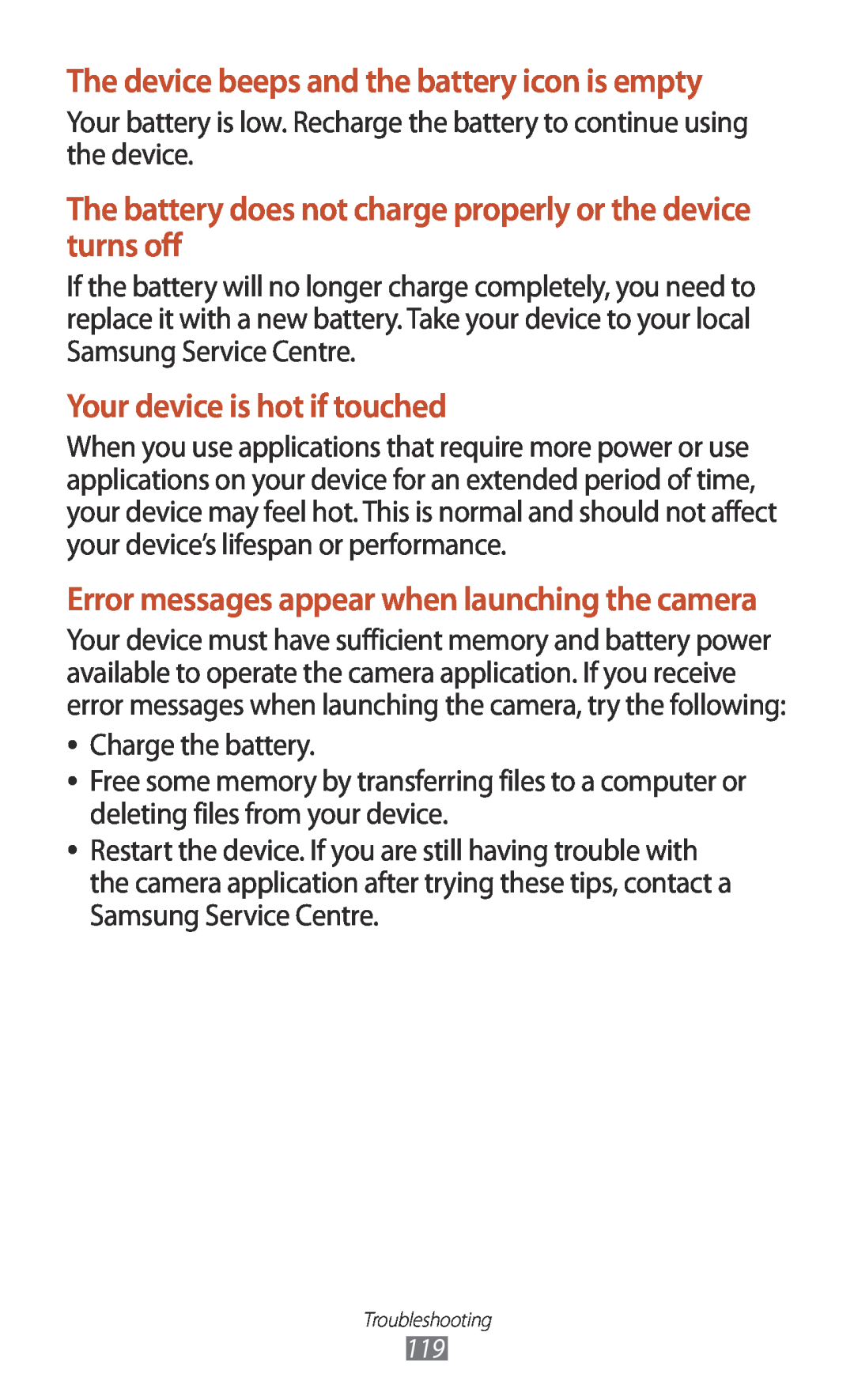 Samsung GTP5110ZWMTTT manual The device beeps and the battery icon is empty, Your device is hot if touched 