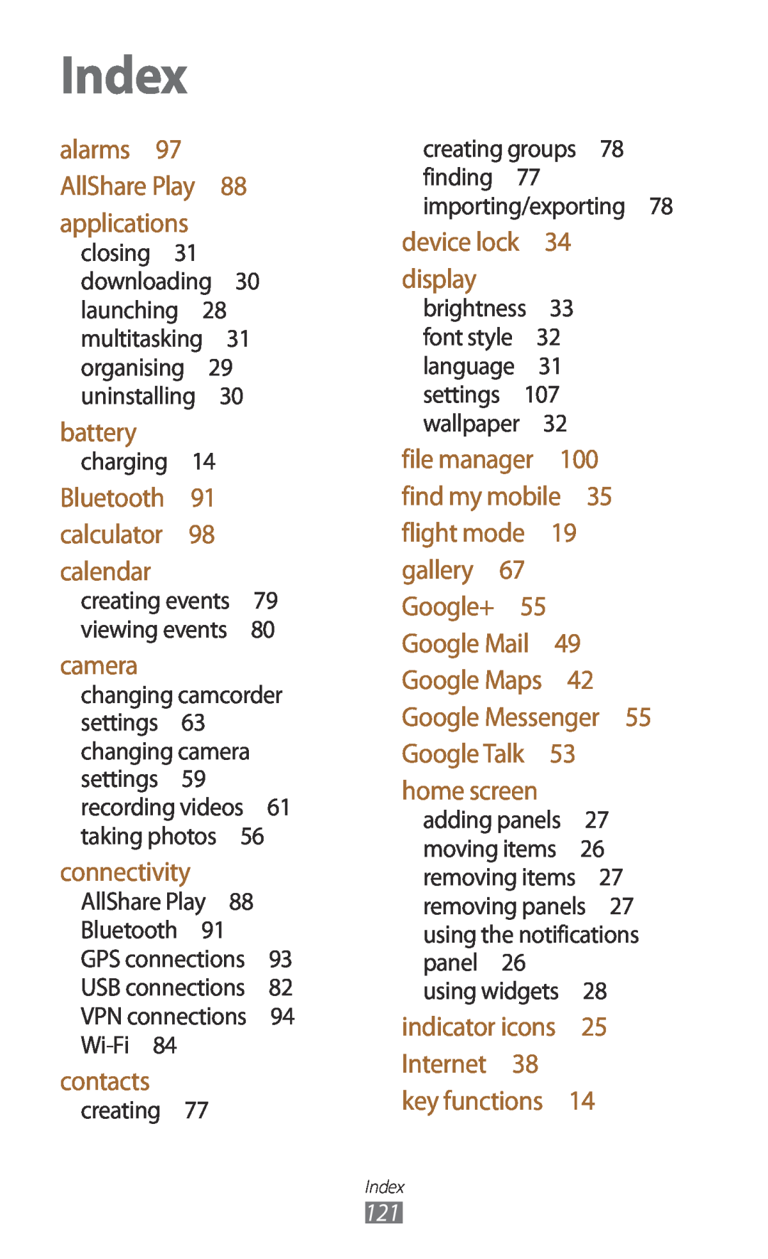 Samsung GTP5110ZWMTTT Index, alarms 97 AllShare Play 88 applications, battery, camera, connectivity, contacts, charging  