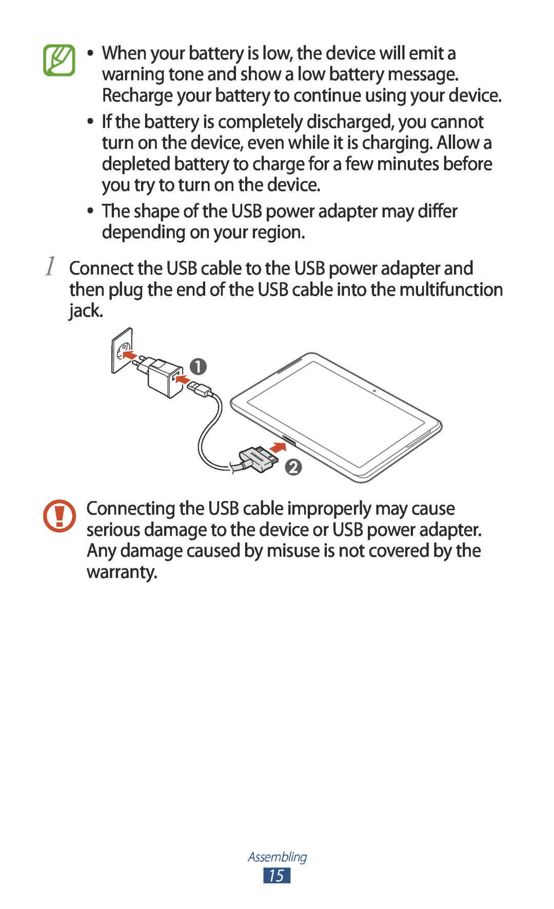 Samsung GTP5110ZWMTTT manual The shape of the USB power adapter may differ depending on your region 