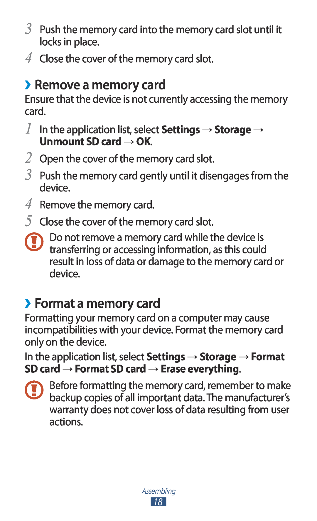 Samsung GTP5110ZWMTTT manual ››Remove a memory card, ››Format a memory card, Unmount SD card → OK 