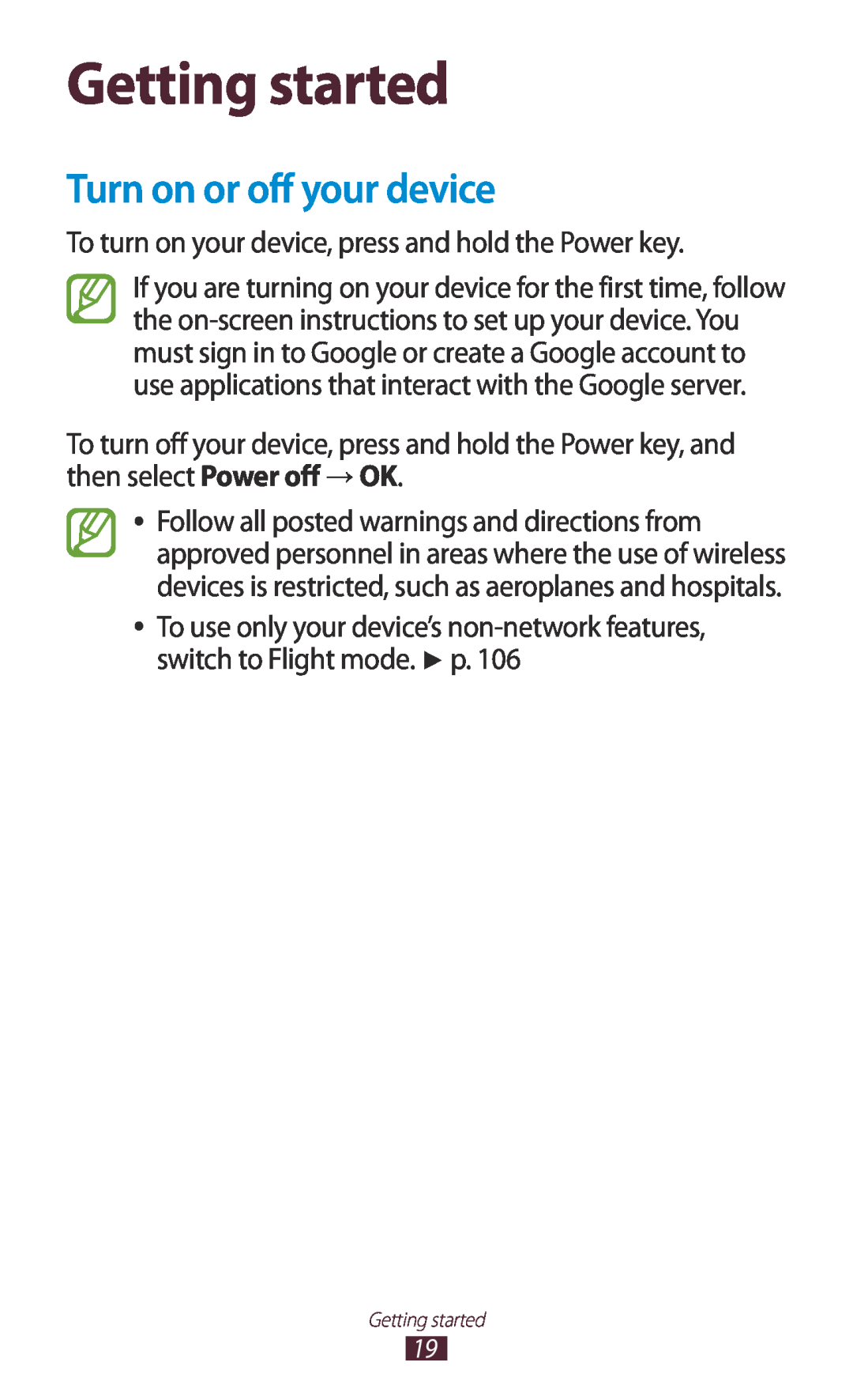 Samsung GTP5110ZWMTTT manual Getting started, Turn on or off your device 