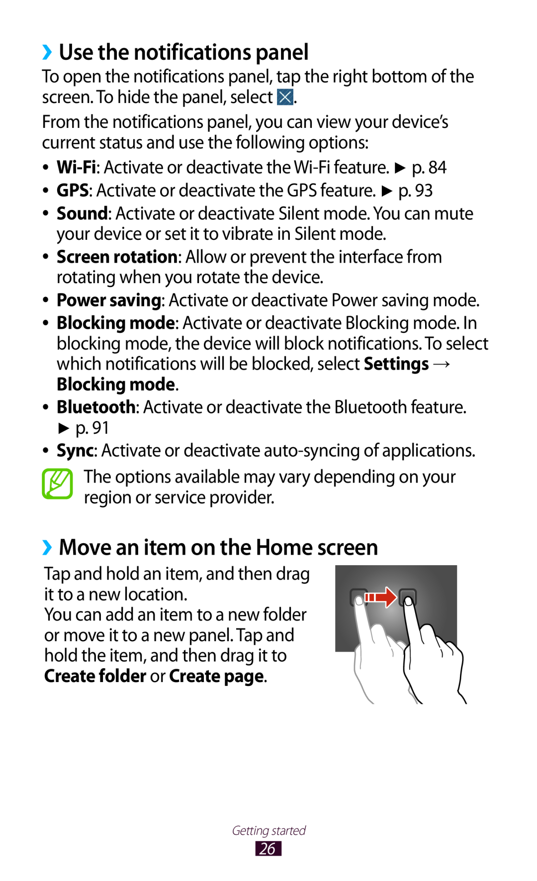 Samsung GTP5110ZWMTTT manual ››Use the notifications panel, ››Move an item on the Home screen 