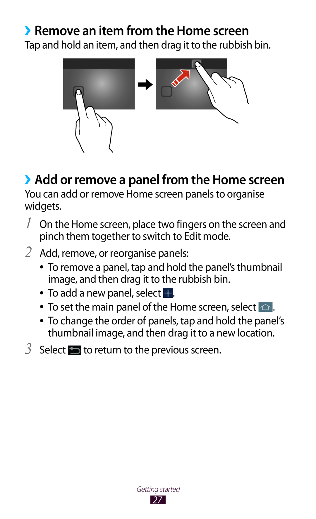 Samsung GTP5110ZWMTTT manual ››Remove an item from the Home screen, ››Add or remove a panel from the Home screen 