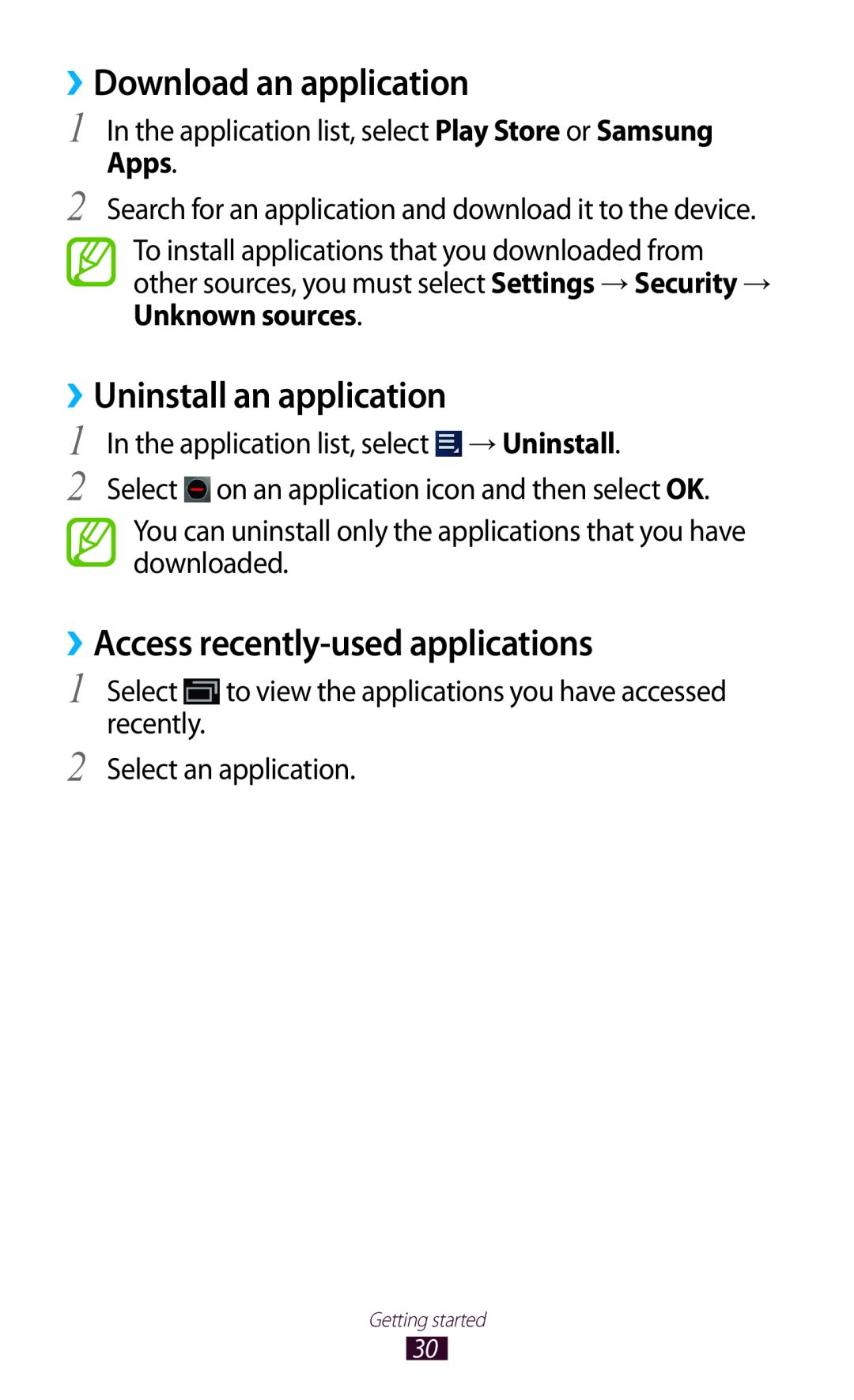 Samsung GTP5110ZWMTTT ››Download an application, ››Uninstall an application, ››Access recently-used applications, Apps 