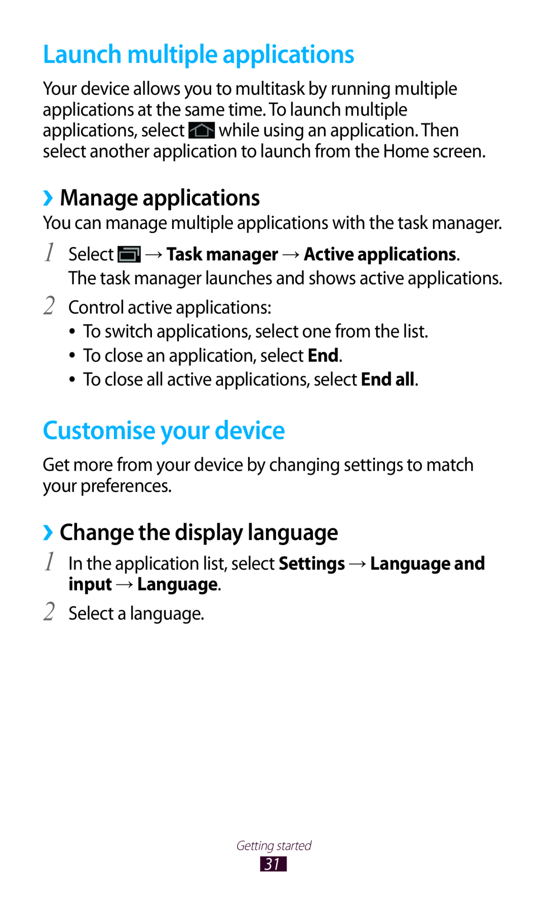 Samsung GTP5110ZWMTTT manual Launch multiple applications, Customise your device, ››Manage applications, input → Language 