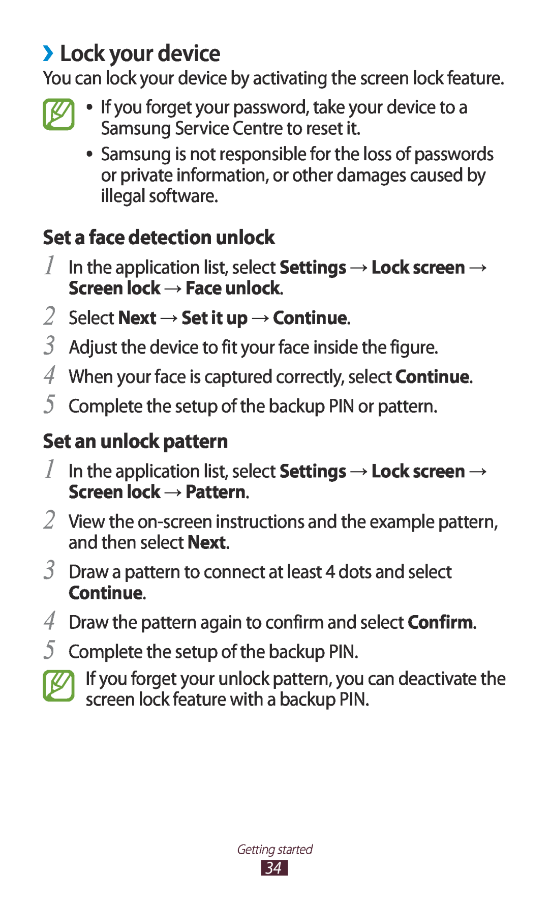 Samsung GTP5110ZWMTTT manual ››Lock your device, Set a face detection unlock, Set an unlock pattern 