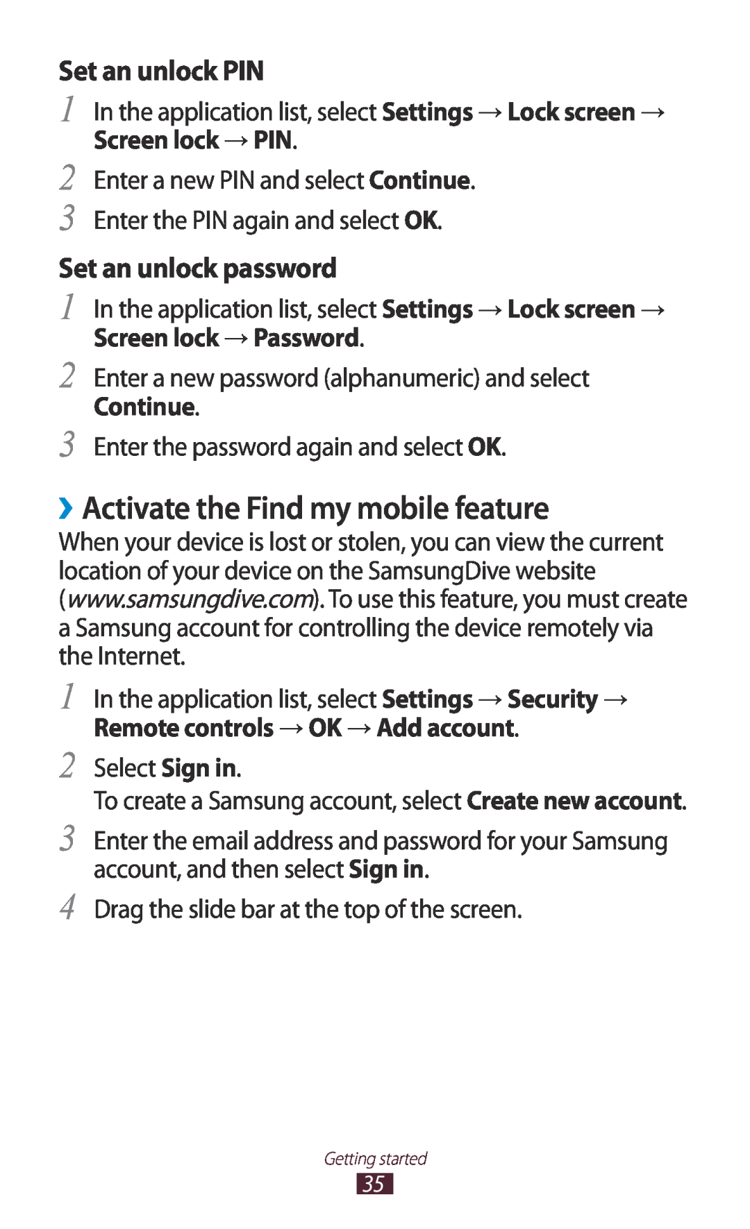 Samsung GTP5110ZWMTTT ››Activate the Find my mobile feature, Set an unlock PIN, Set an unlock password, Screen lock → PIN 