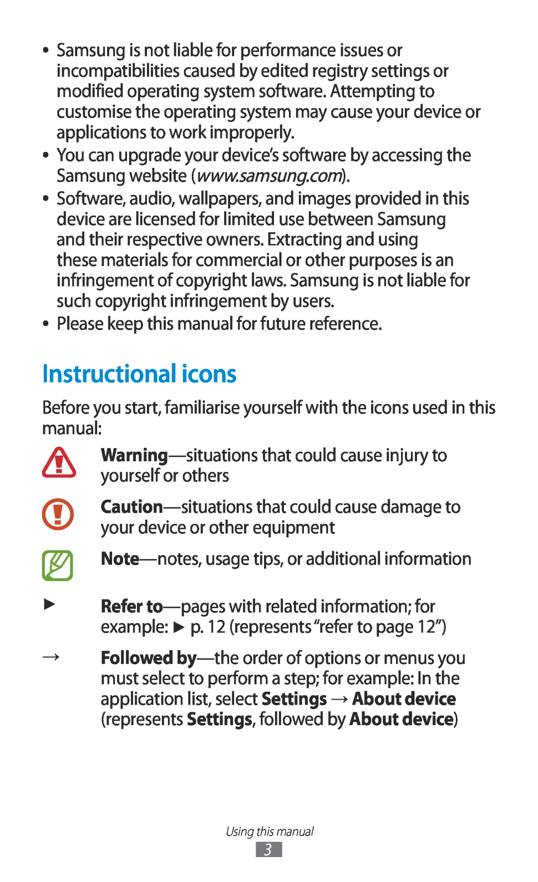 Samsung GTP5110ZWMTTT manual Instructional icons 