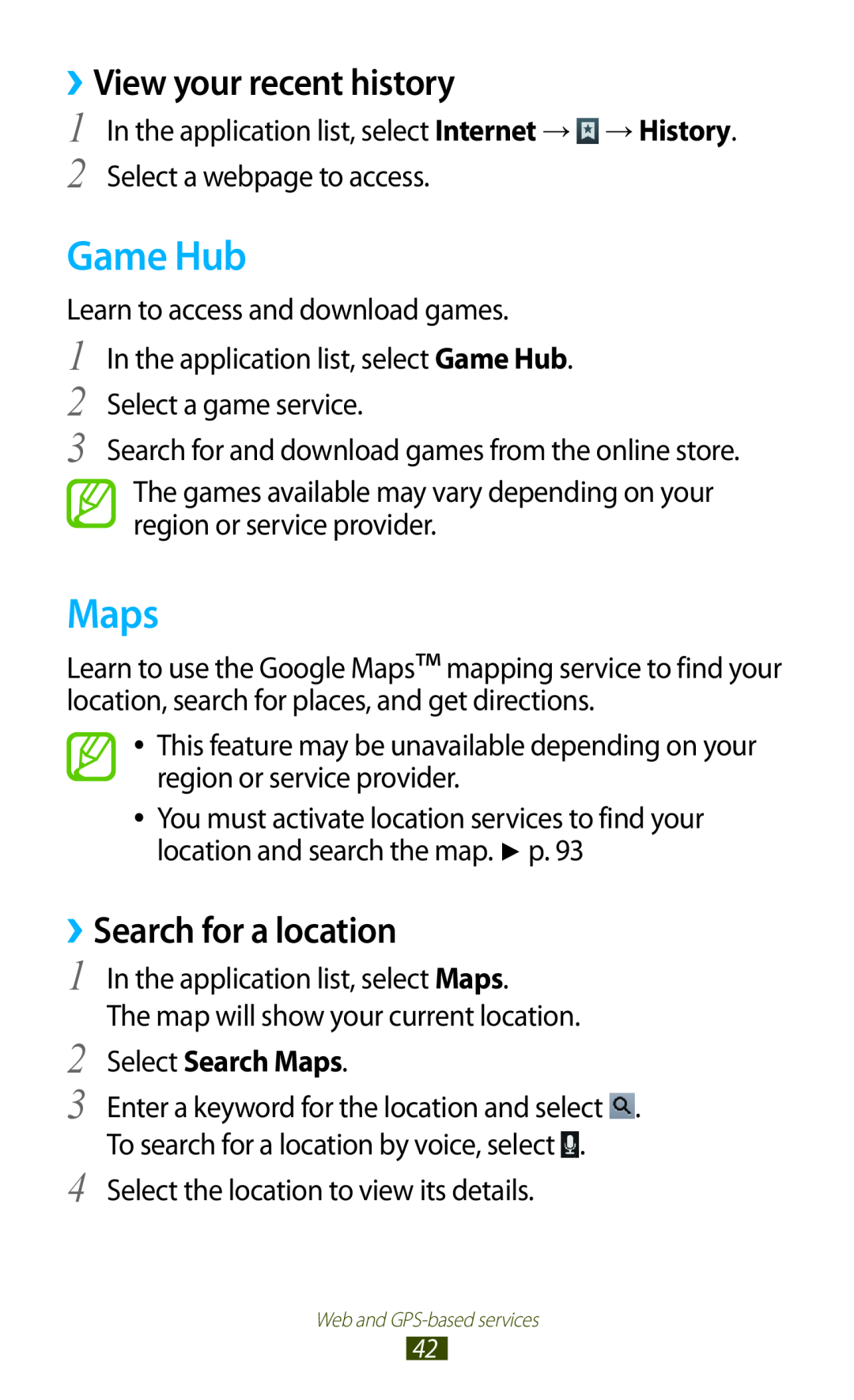 Samsung GTP5110ZWMTTT manual Game Hub, ››View your recent history, ››Search for a location, Select Search Maps 
