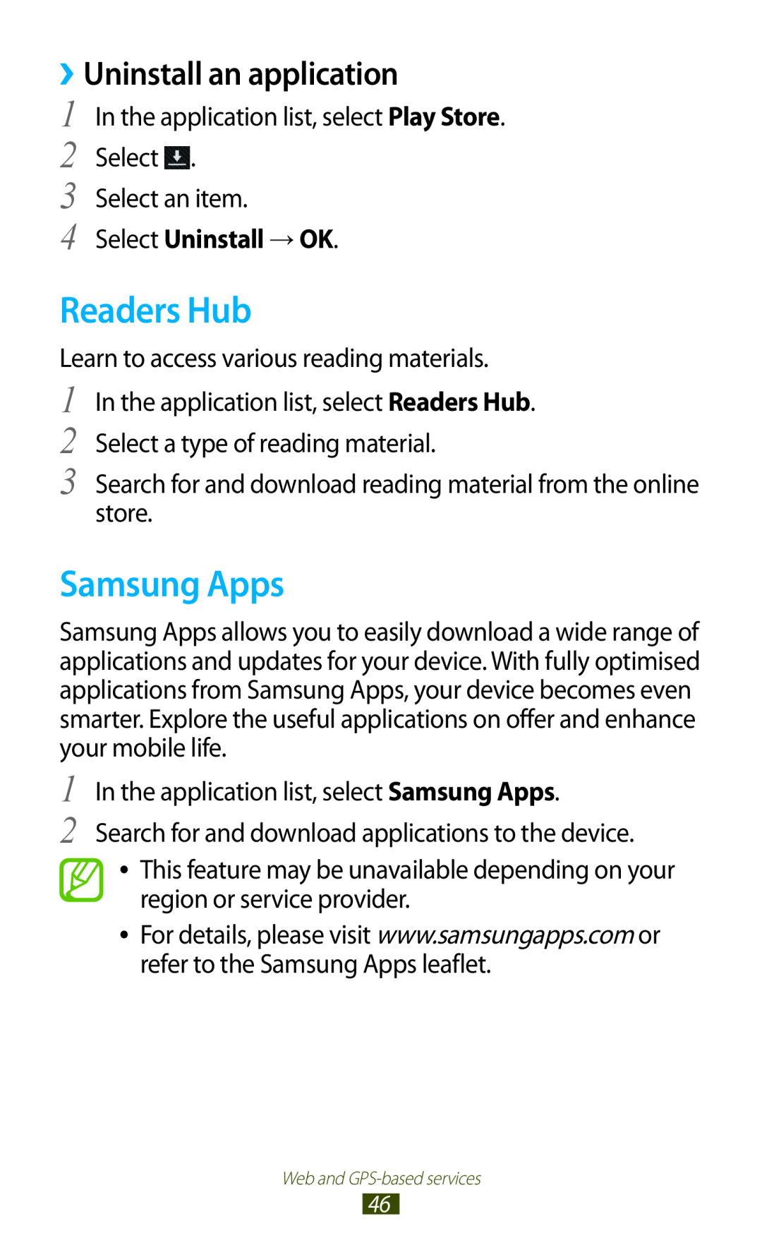 Samsung GTP5110ZWMTTT manual Readers Hub, Samsung Apps, Select Uninstall → OK, ››Uninstall an application 