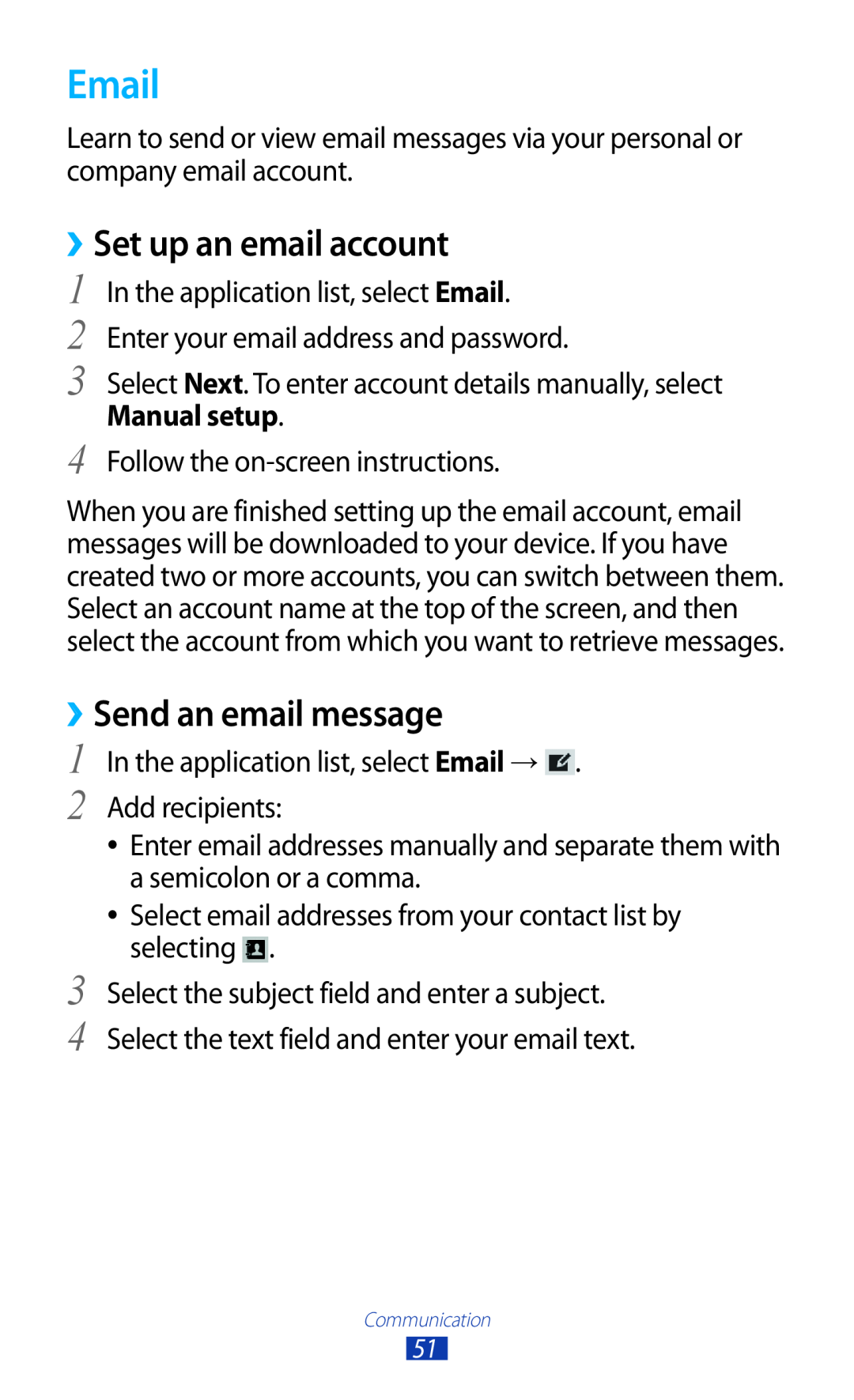 Samsung GTP5110ZWMTTT manual Email, ››Set up an email account, ››Send an email message 
