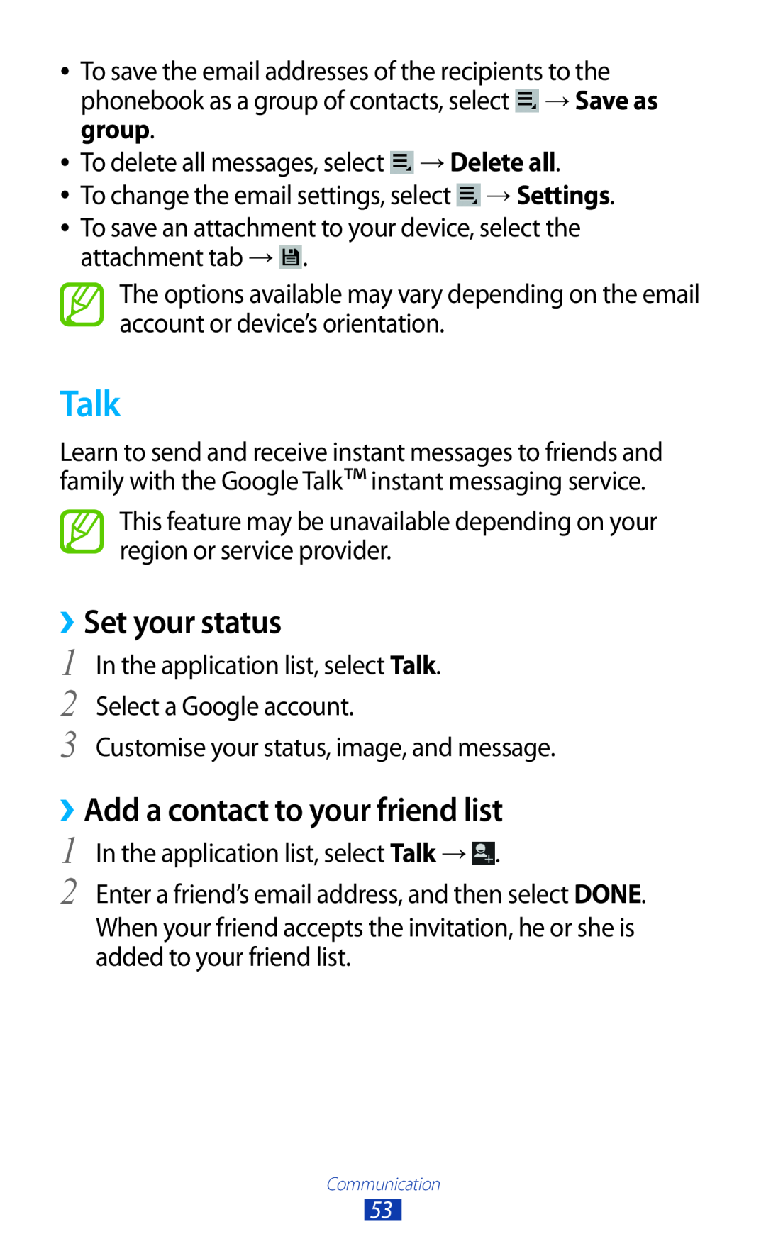 Samsung GTP5110ZWMTTT manual Talk, ››Set your status, ››Add a contact to your friend list 