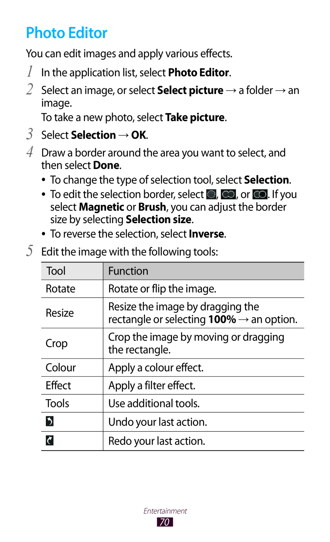Samsung GTP5110ZWMTTT manual Photo Editor, Select Selection → OK 