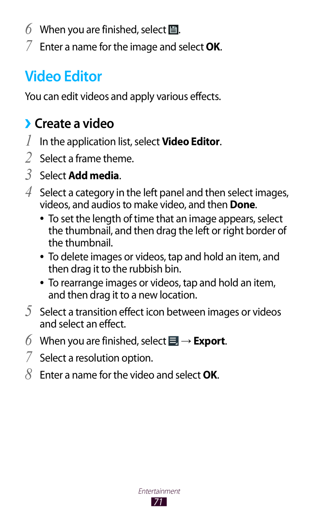 Samsung GTP5110ZWMTTT manual Video Editor, ››Create a video, Select Add media 