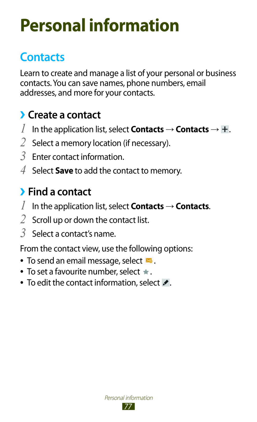 Samsung GTP5110ZWMTTT manual Personal information, Contacts, ››Create a contact, ››Find a contact 