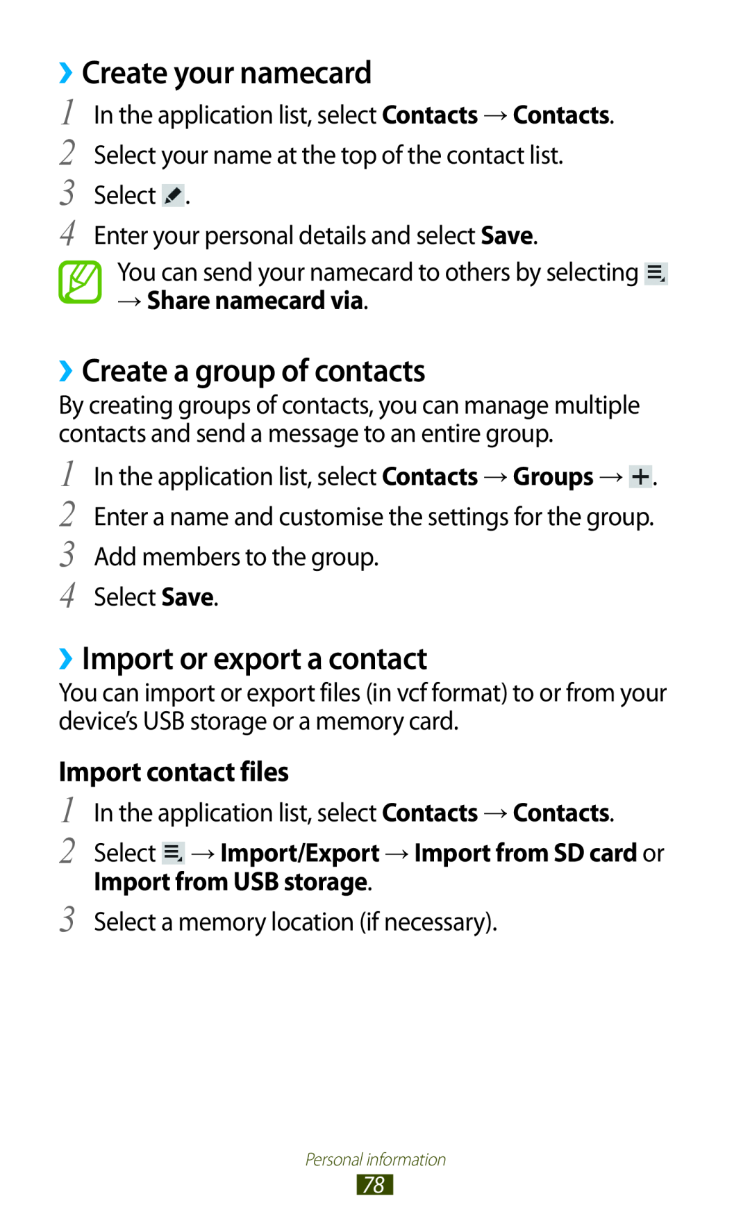 Samsung GTP5110ZWMTTT manual ››Create your namecard, ››Create a group of contacts, ››Import or export a contact 