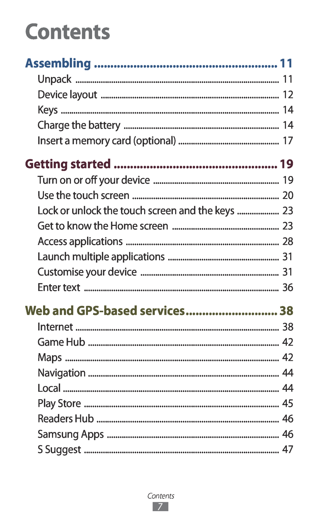 Samsung GTP5110ZWMTTT manual Contents, Getting started, Web and GPS-based services, Assembling 