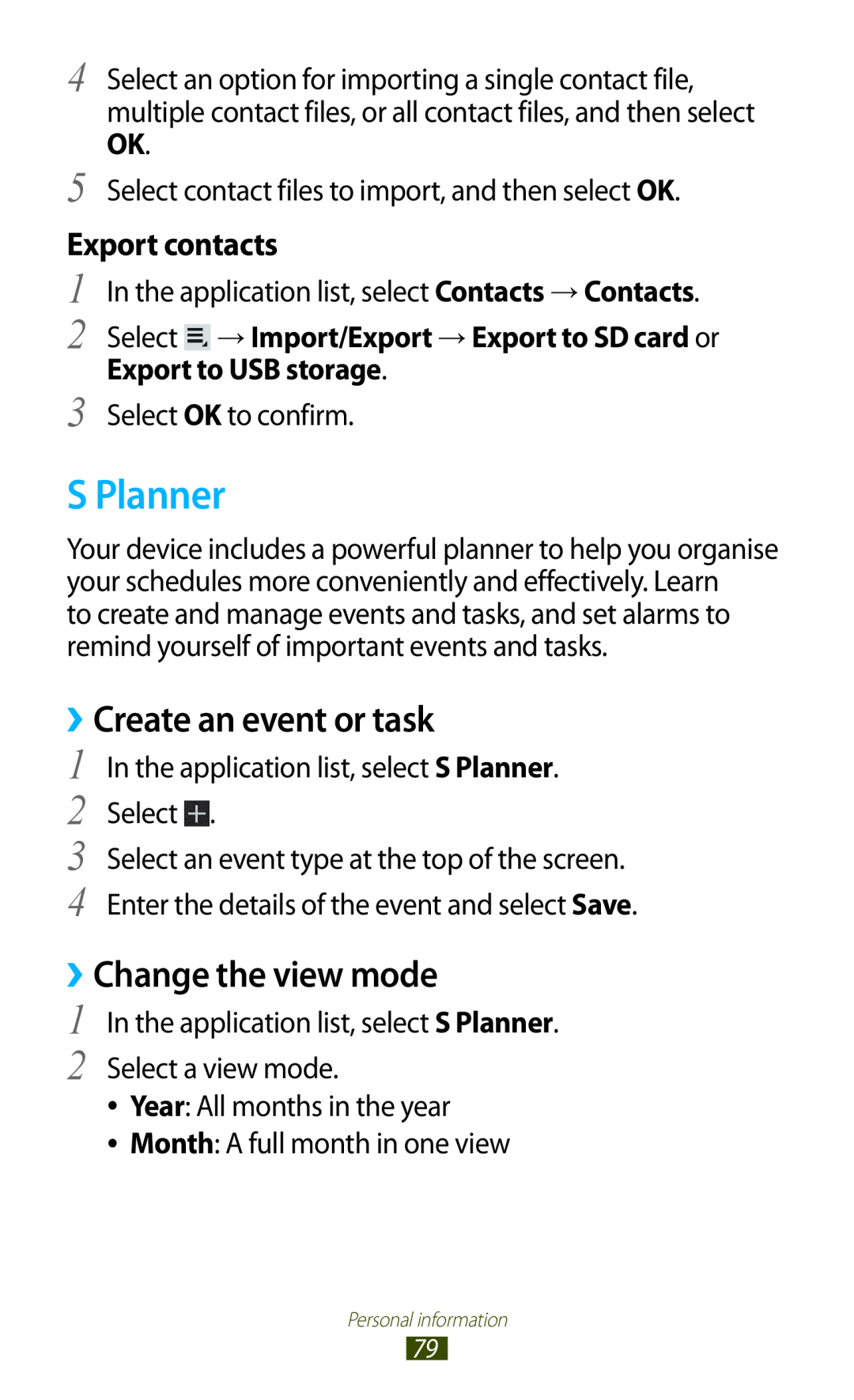 Samsung GTP5110ZWMTTT S Planner, ››Create an event or task, ››Change the view mode, Export contacts, Export to USB storage 