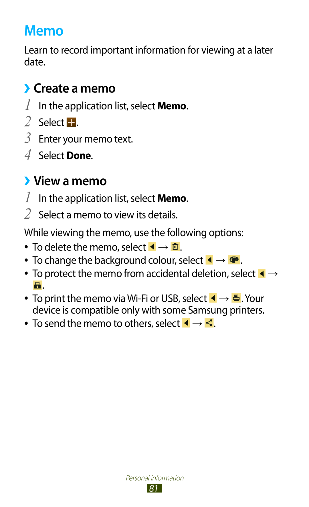 Samsung GTP5110ZWMTTT manual Memo, ››Create a memo, ››View a memo 