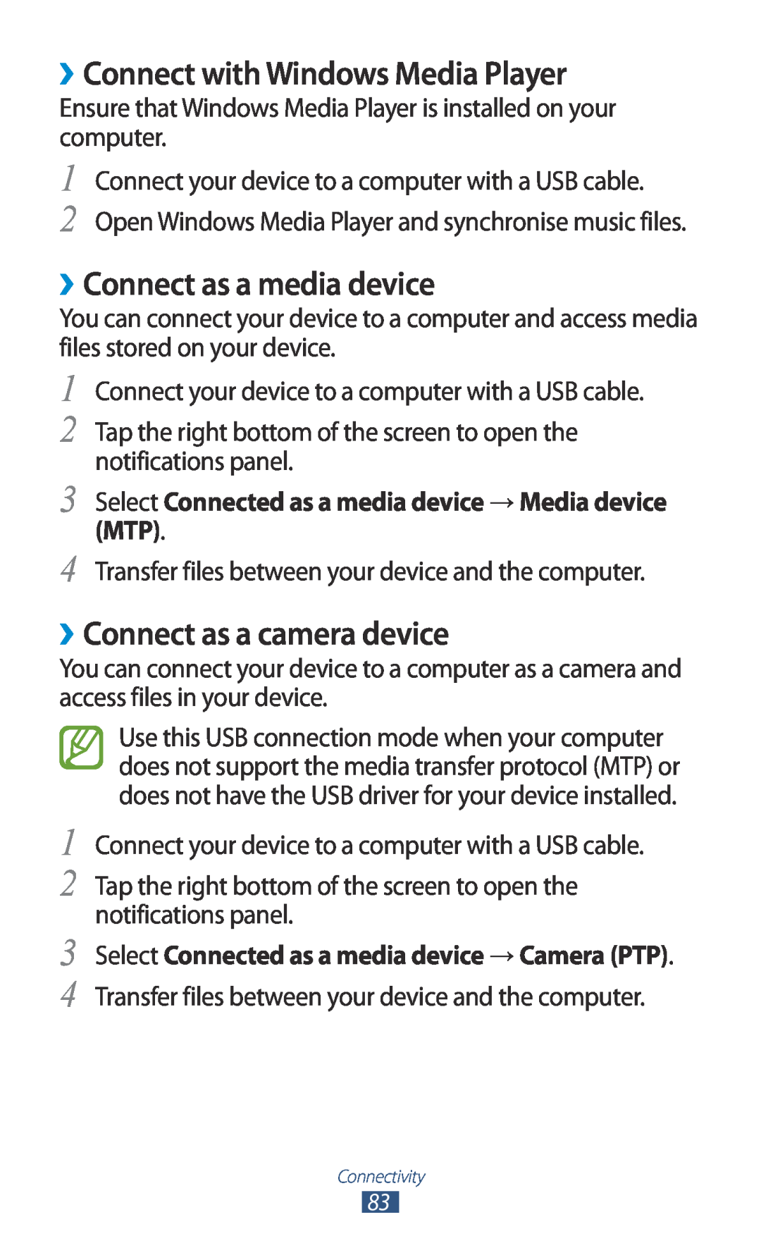 Samsung GTP5110ZWMTTT manual ››Connect with Windows Media Player, ››Connect as a media device, ››Connect as a camera device 