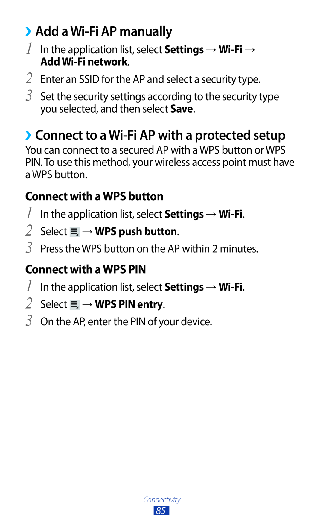 Samsung GTP5110ZWMTTT ››Add a Wi-Fi AP manually, ››Connect to a Wi-Fi AP with a protected setup, Connect with a WPS button 